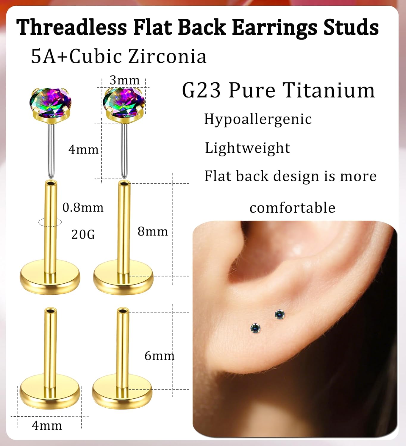 G23 Titanium Threadless Flat Back Earrings Stud 20G CZ Cartilage Stud Earrings Hypoallergenic 14K Gold Push in Pink Green Color AB CZ Nose Studs Tragus Helix Conch Lip Piercing for Women Men - Image 3