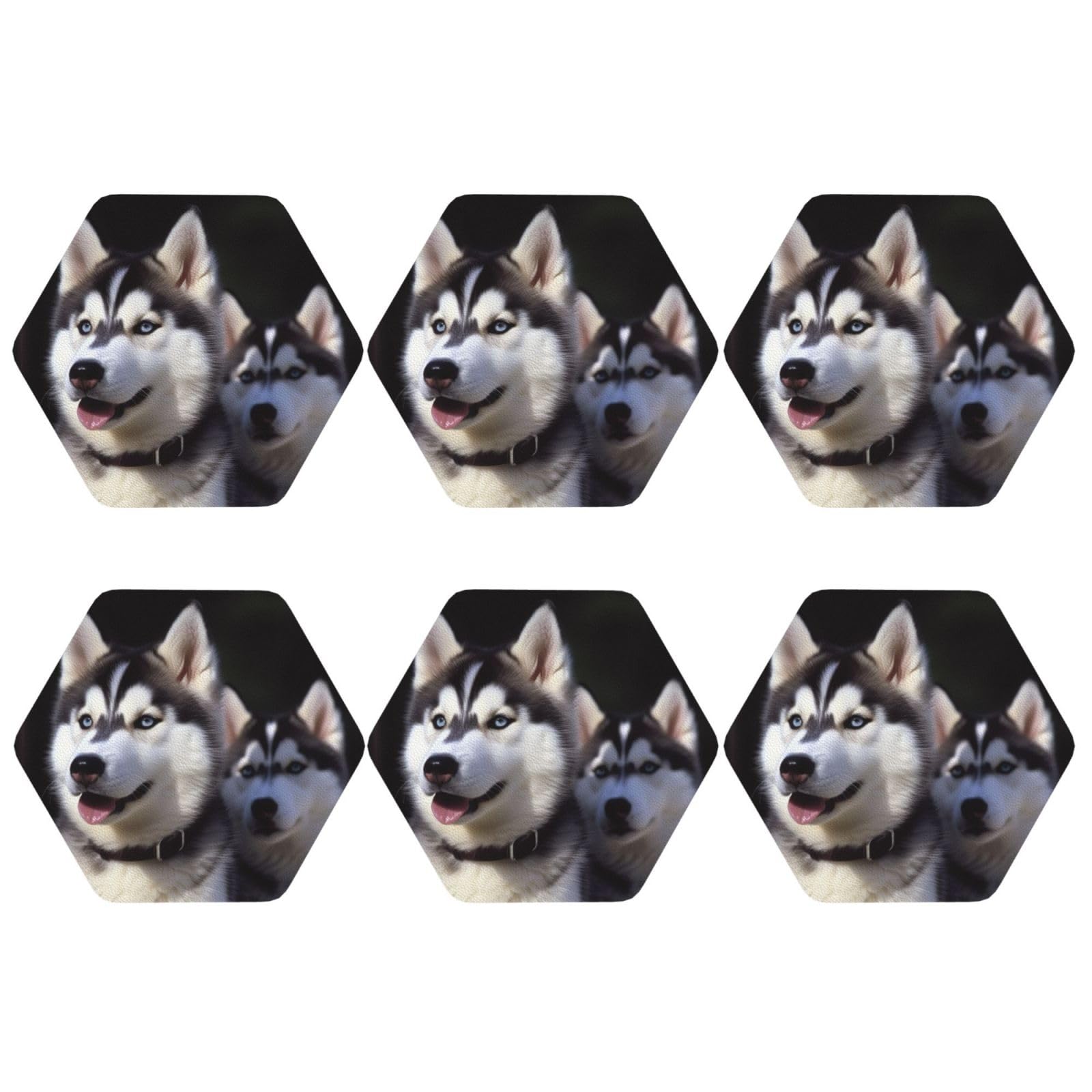 6pcs Leather Coasters for Drinks, Husky Dog Drink Coasters for Tabletop Protection, 4" Cup Coasters for Coffee Table Decor, Non-Slip Drinking Cup Mat for Hot Or Cold Drink