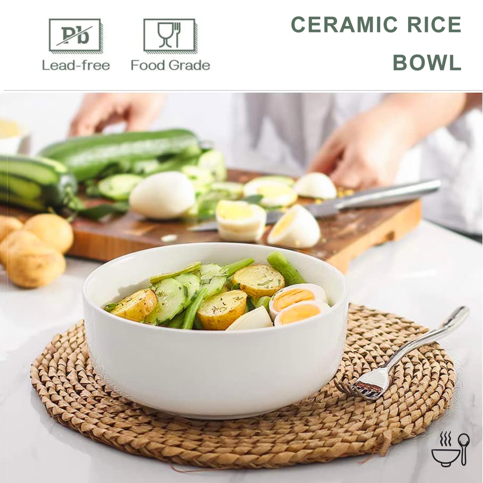 TOYANDONA 4 Stück Keramik Reisschalen 4,5 Zoll Weiß Stapelbare Lebensmittelechte Suppenschüsseln mit Breiter Basis Runde Stabile Küchen und Essgeschirrschalen für Innen und Außen