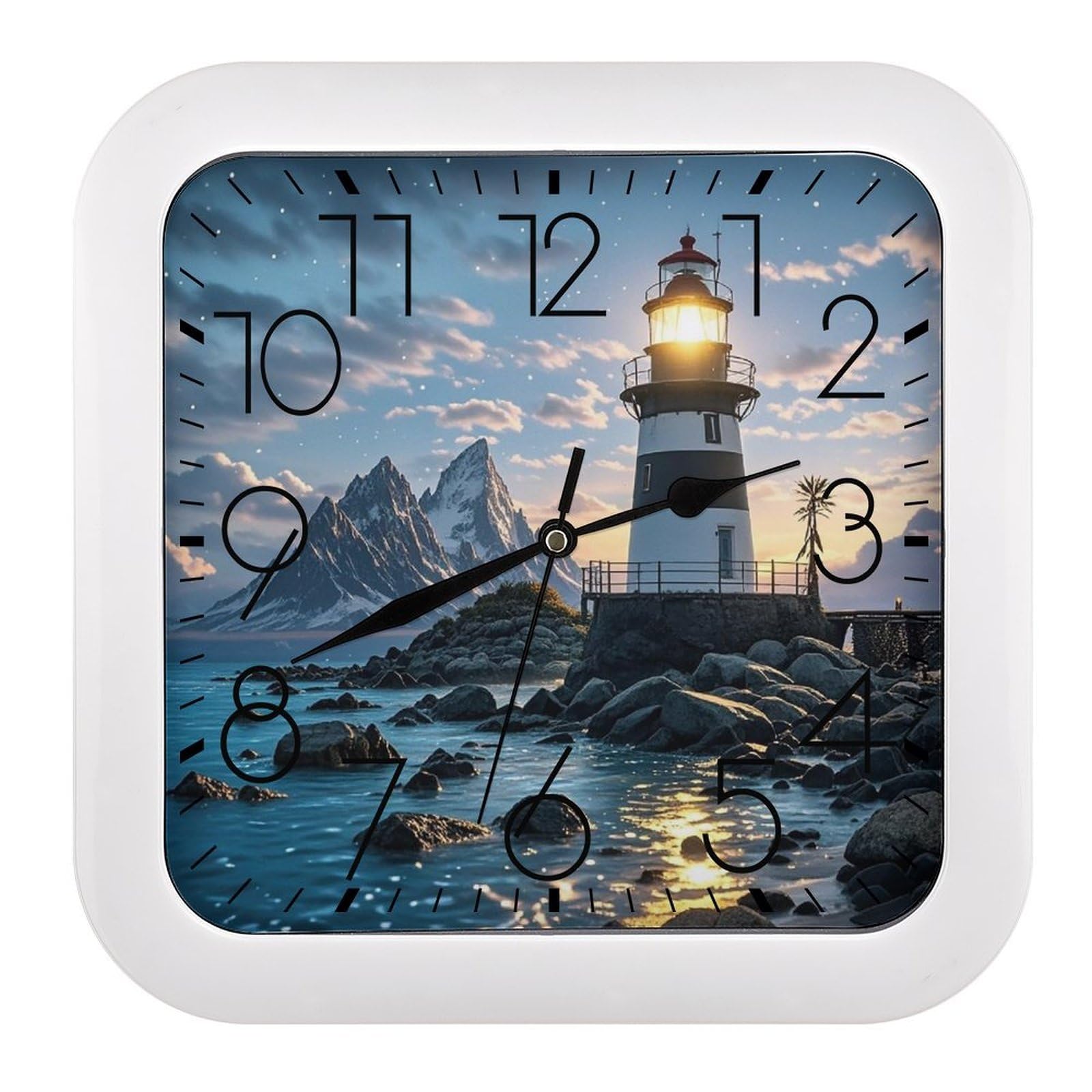 LZQPOEAS Lighthouse by The Sea Wall Clock Fashionable Versatile Silent Wall Clock Simple Elegant Non Ticking Analog Clocks Easy to Install Square Modern Clocks for Home Decoration