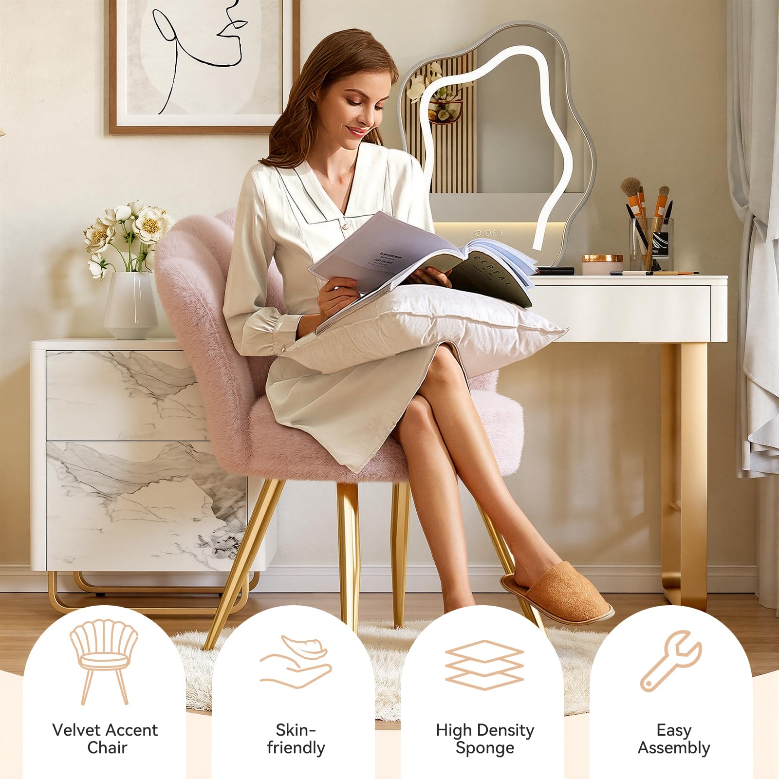 Esszimmerstühle Samt 1er Set • Muschelsessel mit Rückenlehne & Armlehnen • Schminktisch Stuhl • Polstersessel Elegant • Akzentstuhl mit Kissen Accent Chair • Rosa