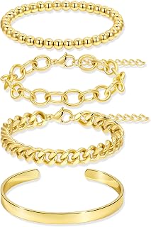 Gold Bracelets for Women Non Tainish,Dainty Bracelets Stack for Women Trendy, Gold Plated Cuff Stackable Bracelets With Beaded Cuban Paperclip Snake Rope Bangle Hand Chain Jewelry Gifts for Women