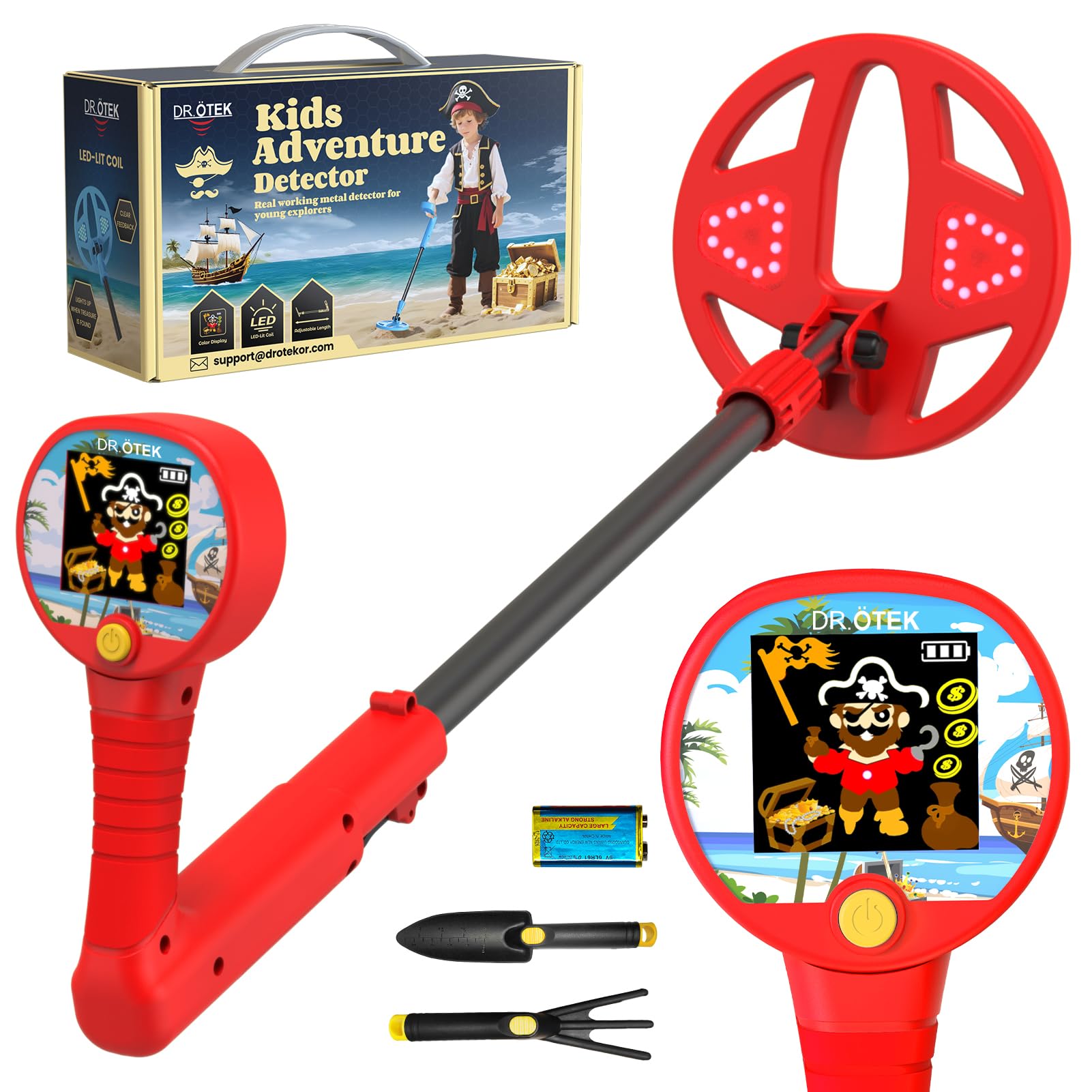 DR.ÖTEK Metal Detector for Kids – Innovative Color LCD Display, 6.7" LED-Lit Coil, Adjustable & Ultra-Lightweight Kids Metal Detector, Child-Safe Rounded Design for Ages 3-12, Red