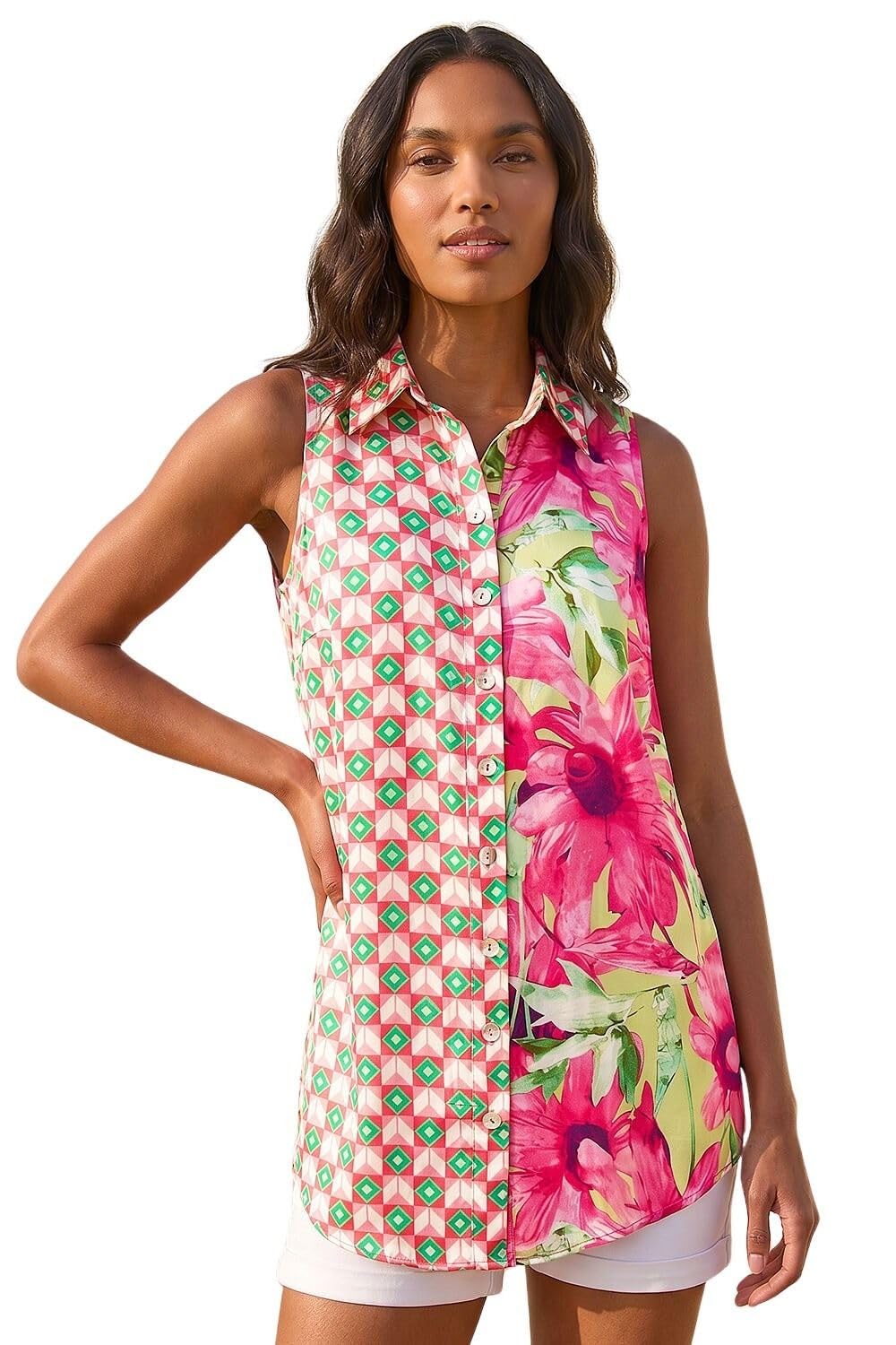 Roman Sleeveless Shirt for Women UK Ladies Blouse Top Button Through Summer Smart Casual Work Cocktail Party Office Holiday Special Occassion Evening Going Out - Pink Abstract - Size 18