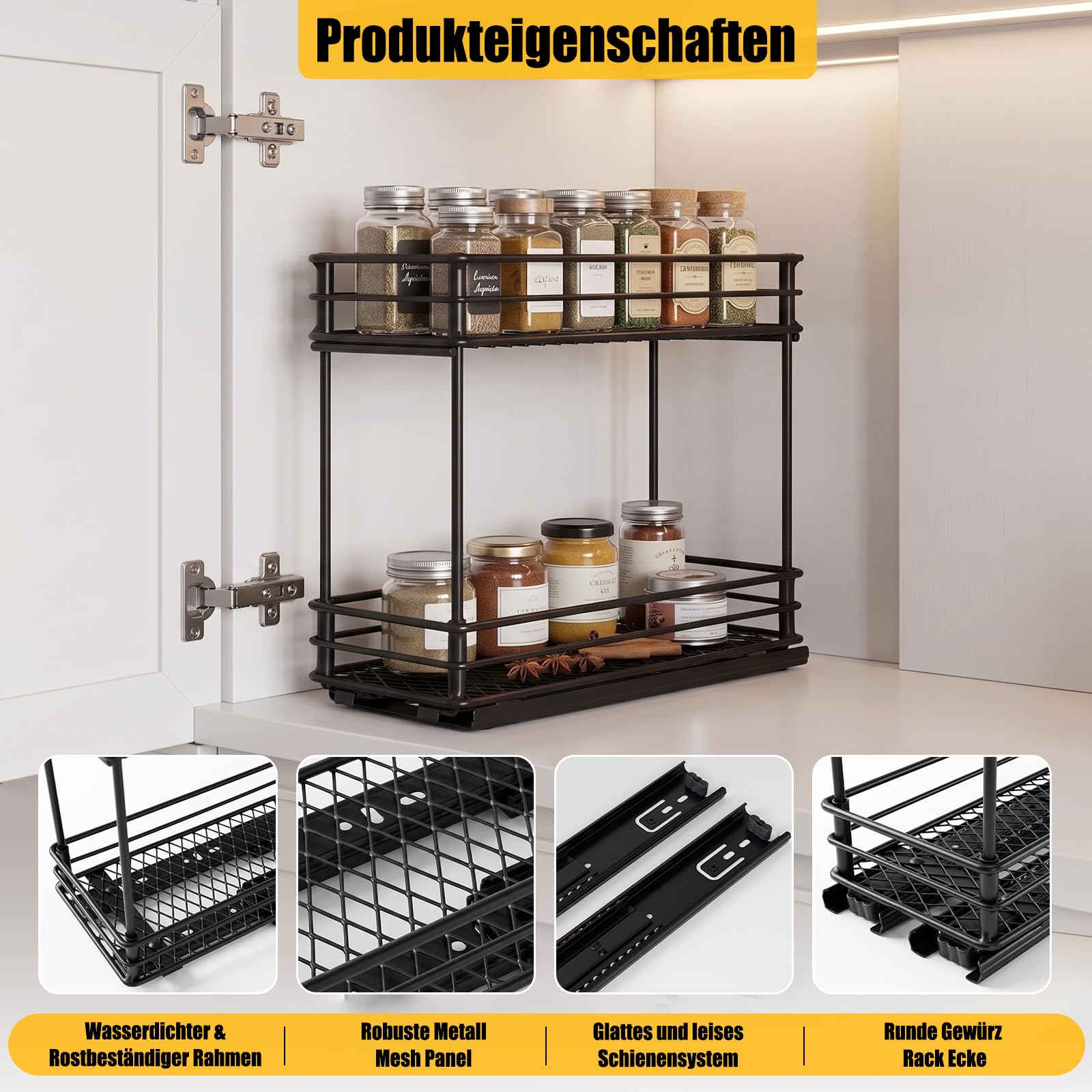 EasyVibe Lot de 2 étagères à épices - Étagère de rangement à 2 étages - Étagère à épices pour cuisine - Étagère à épices - Organiseur avec armoire - Pour bouteilles d'huile - Bocaux de cuisine
