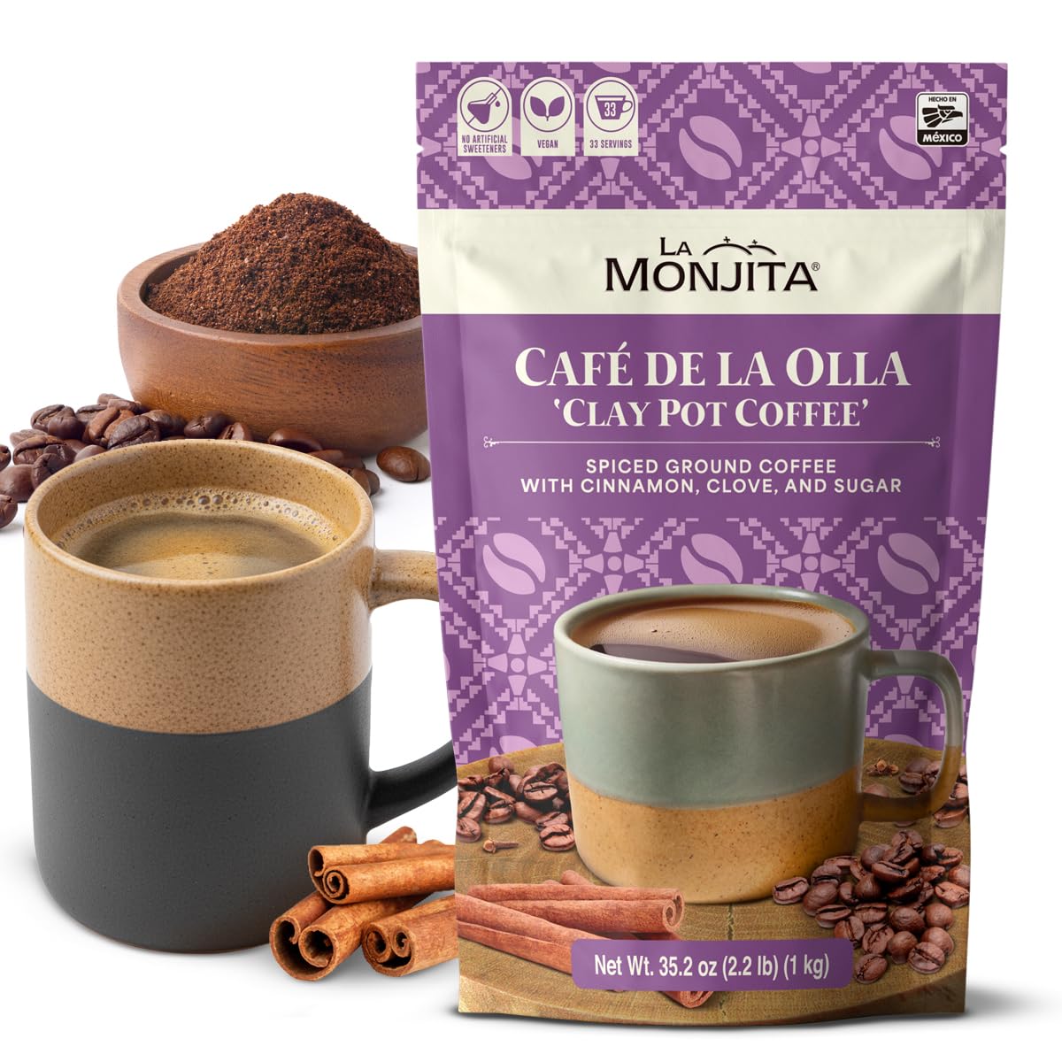 La Monjita Traditional Mexican Coffee - Café de la Olla – 34 Servings – Ground Coffee Blend with Cinnamon & Clove (1kg / 35.2oz Pouch)