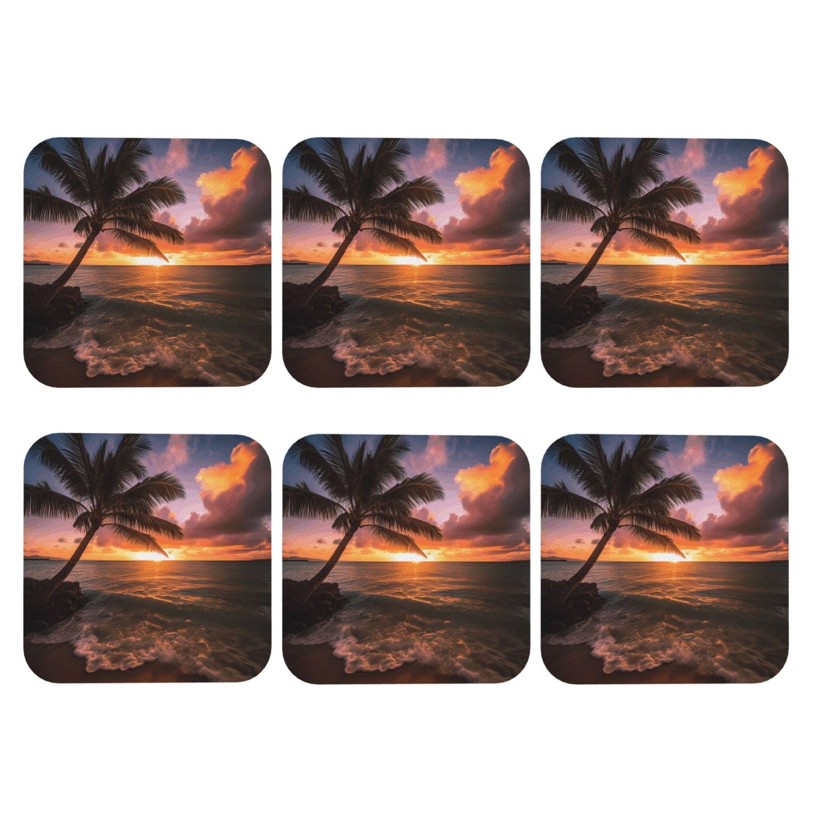 6pcs Leather Coasters for Drinks, Palm Tree Sunset Beach Drink Coasters for Tabletop Protection, 4" Cup Coasters for Coffee Table Decor, Non-Slip Drinking Cup Mat for Hot Or Cold Drink