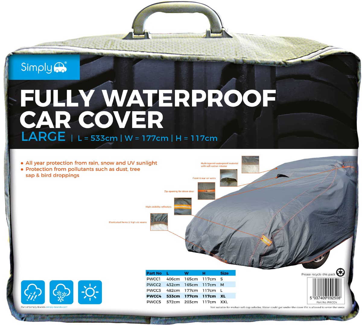 Simplemente pwcc4 Totalmente Impermeable Coche Cubierta, XL
