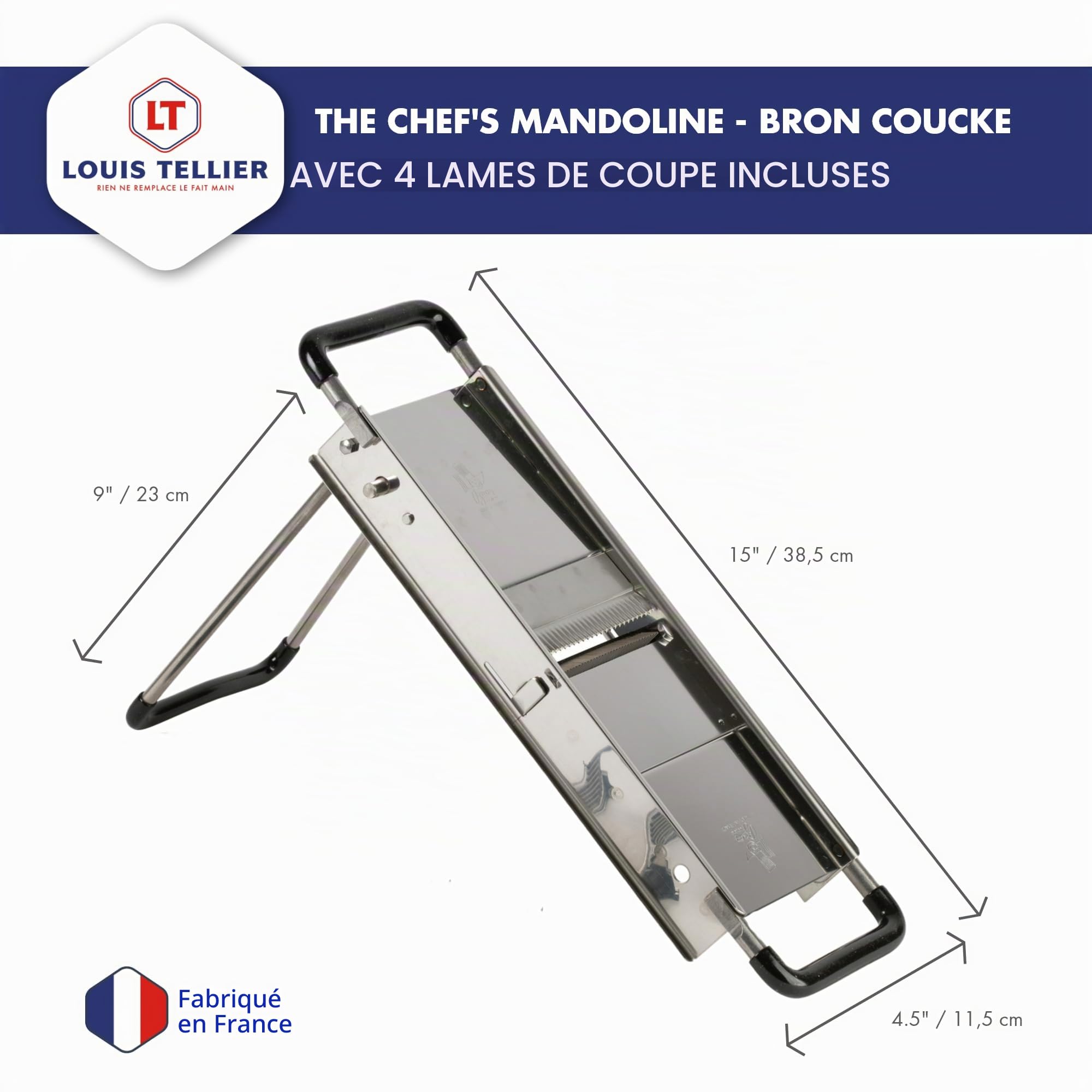 LOUIS TELLIER - Mandoline Professionnelle du Chef - Inox - Tranche Fruits et Légumes et Réalise Frites et Juliennes - Épaisseur Réglable - Fabriqué en France