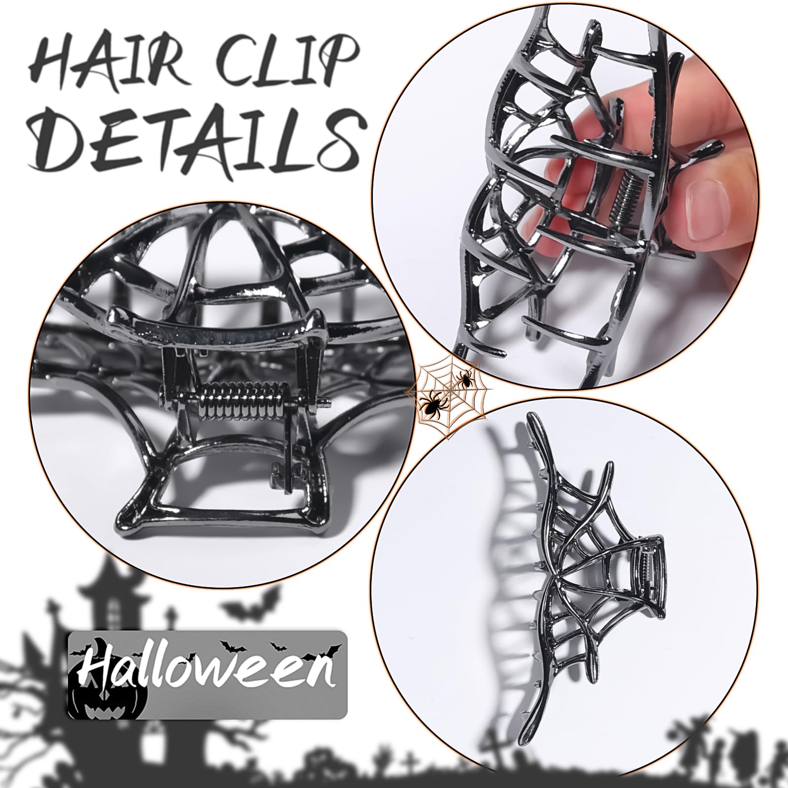 3 fermagli per capelli neri gotici grandi, per Halloween, in metallo, con design a ragnatela punk, in acrilico, antiscivolo, per acconciature spesse e sottili