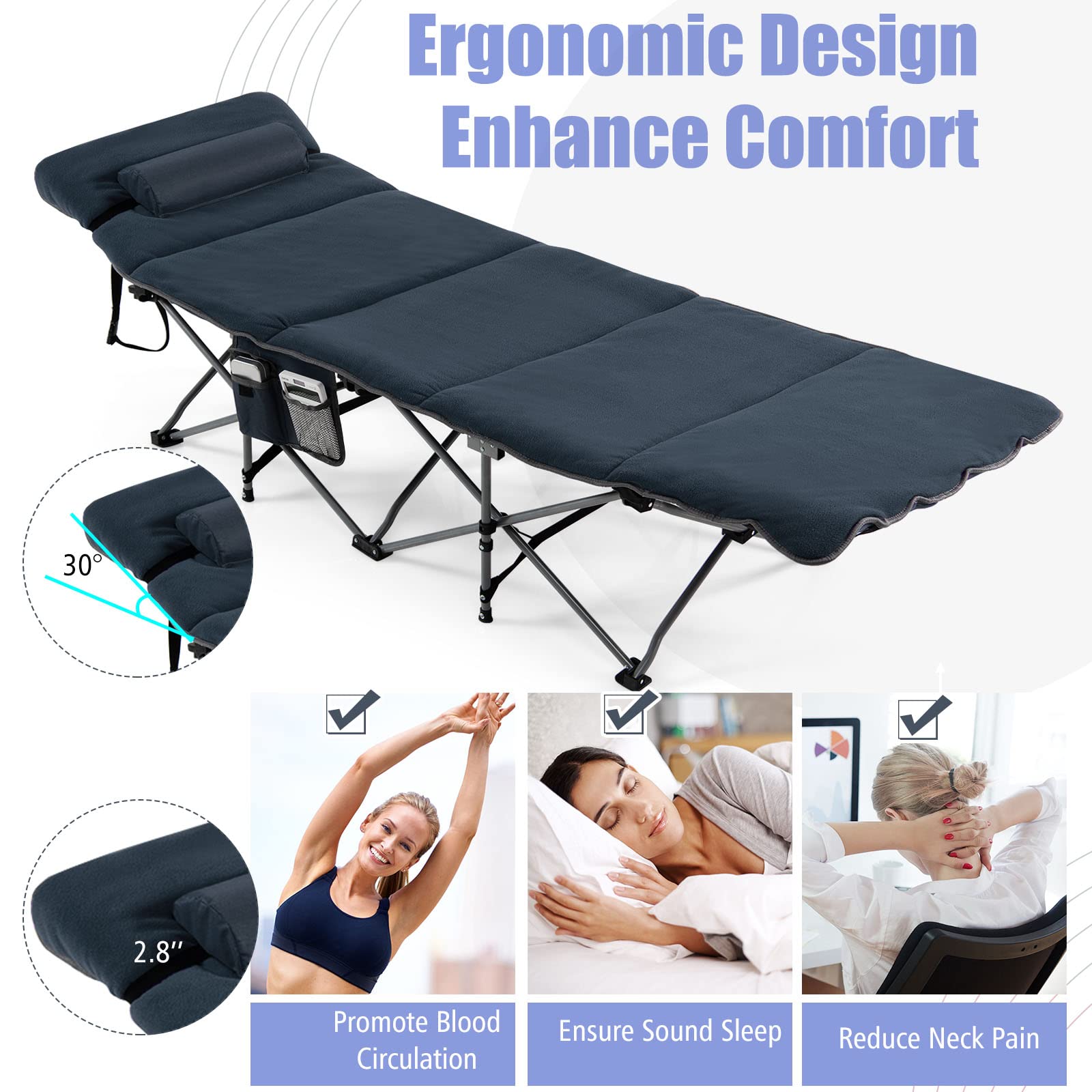 LIFEZEAL Letto da Campeggio, Brandina da Camping Pieghevole e Portatile, con Materasso e Cuscino, Tasca Laterale, con Borsa per Trasporto, per Interno e Esterno, Peso Max 150 kg, 185x65x53 cm, Blu