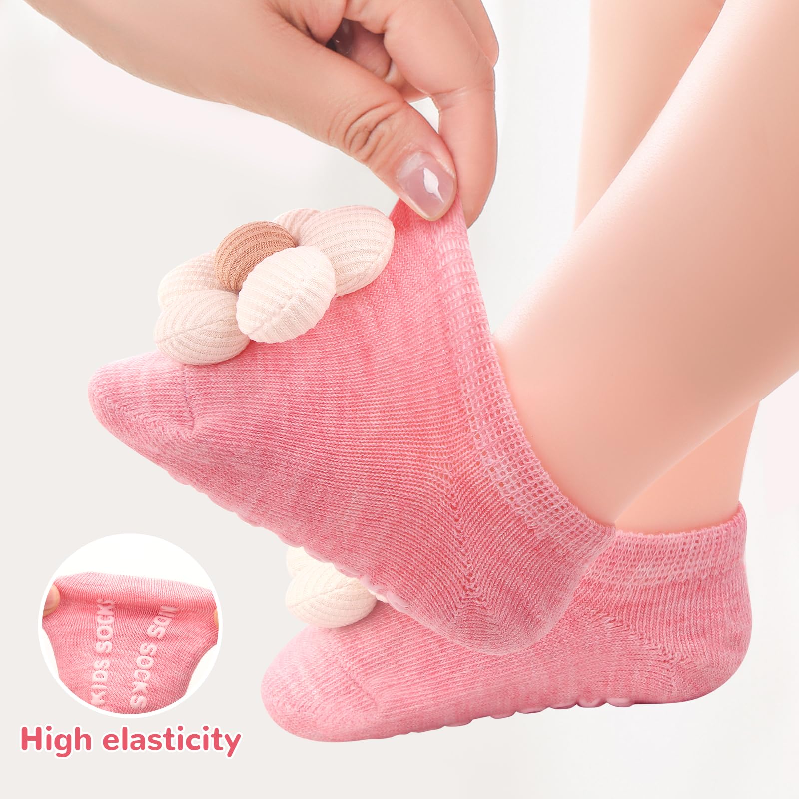 Woansju 4Packs non-slip baby socks with grips for newborn infant toddler girls,soft flowers design toddler grip socks