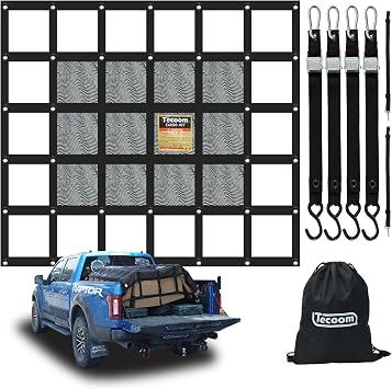 Tecoom Heavy Duty Cargo Net for Pickup Truck Bed, 4.86x5.12 Adjustable Cam Buckles & S-Hooks & Cross Strap, 1,500 lbs Capacity Cargo Net Truck Accessory 58"x61"