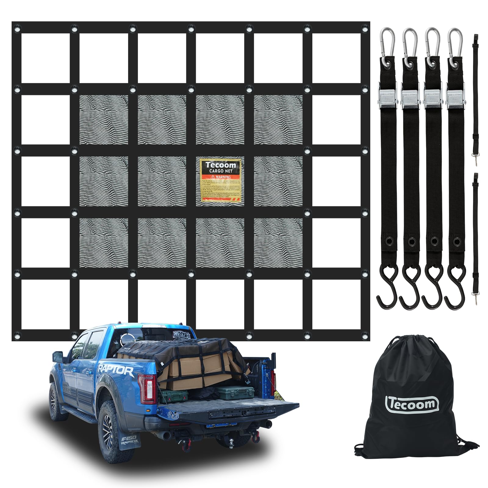 Tecoom Strapazierfähiges Gepäcknetz für Pickup-LKW-Bett, 12 x 13 cm, verstellbare Nockenschnallen, S-Haken und Kreuzgurt, 0,7 kg Kapazität, Gepäcknetz, LKW-Zubehör (147,3 x 155,9 cm)