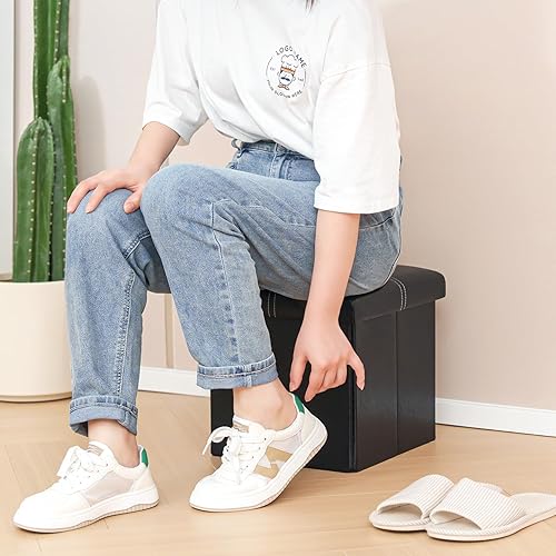 Miniatura 16 de B FSOBEIIALEO Cubo otomano plegable de almacenamiento, reposapiés de piel sintética, mesa de café, 11.8 x 11.8 x 11.8 pulgadas Marrón,Negro