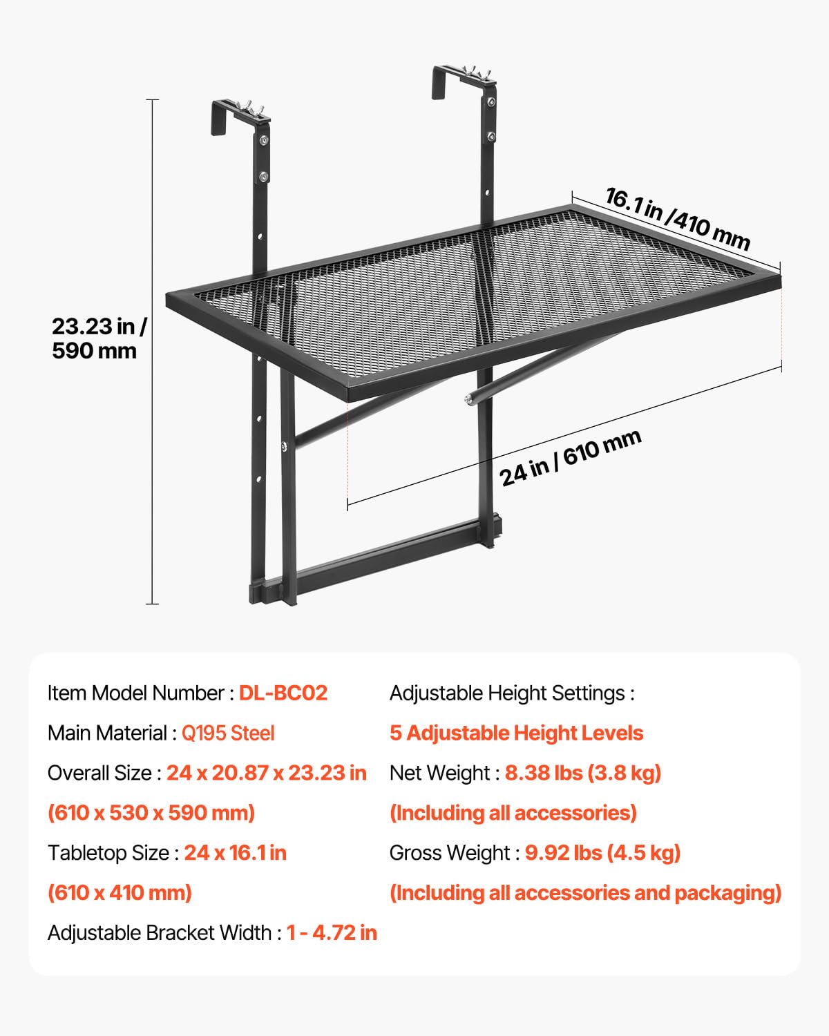 VEVOR Table Suspendue Balcon, 610 x 530 x 590 mm, Table de Bar Pliante Métal pour Balustrades de Balcon Extérieur, avec Plateau 610 x 410 mm, Réglable sur 5 Niveaux, pour Garde-corps de Patio Terrasse