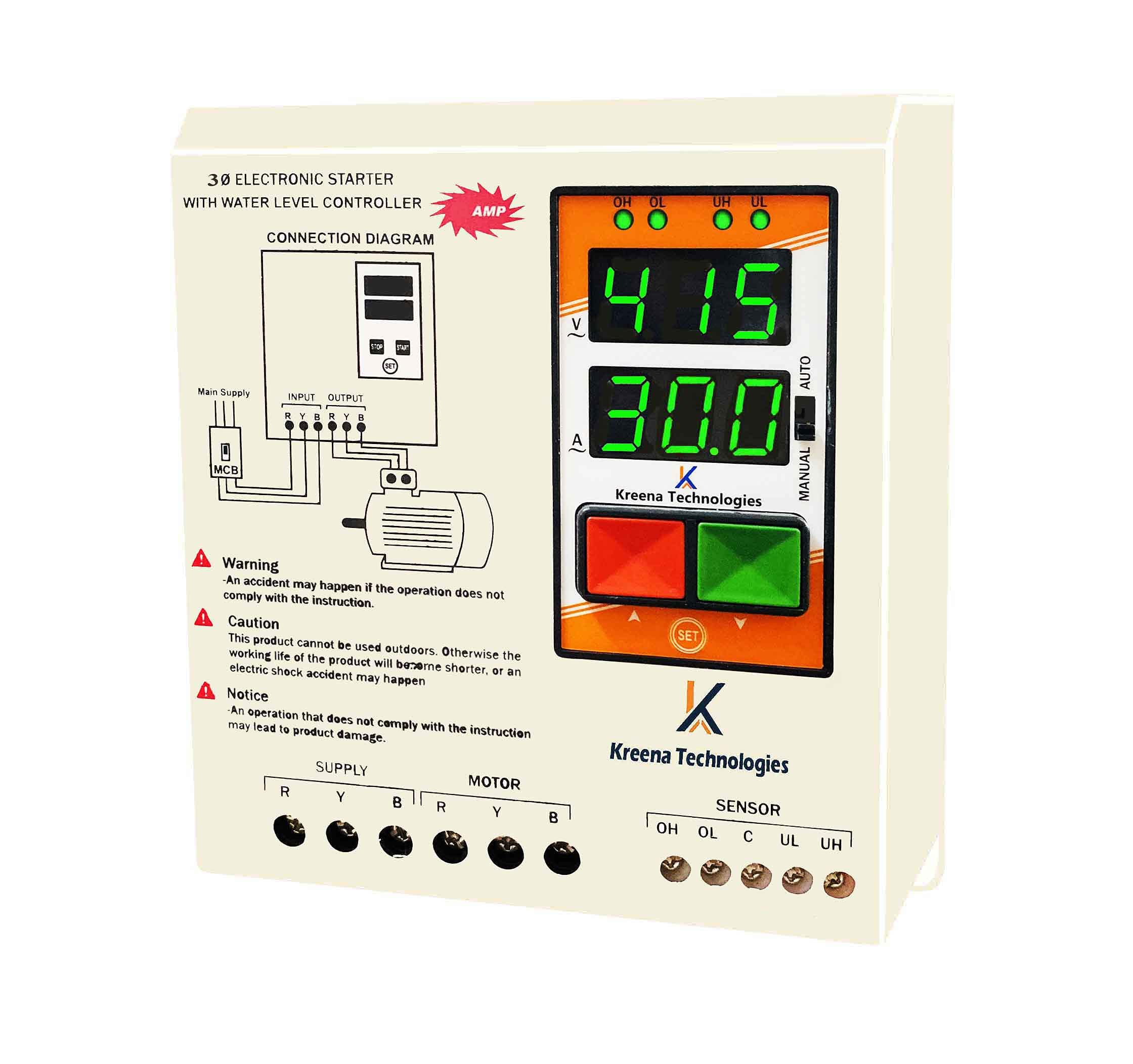 3 Phase Water Level Controller with DOL Digital Starter for 0.1 -7.5 HP Motor with HV LV OL Dry Run Protection (White)