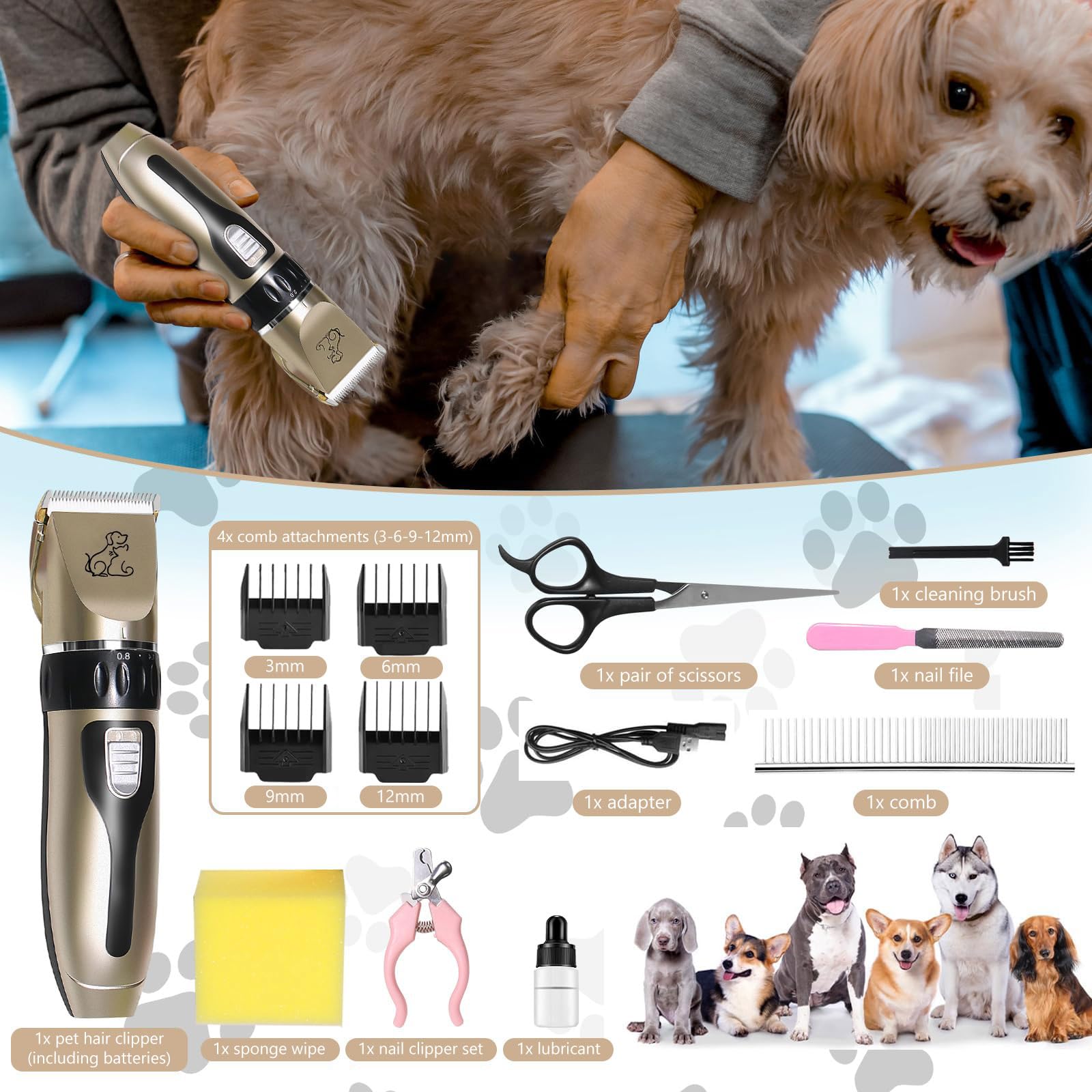 Maquina Cortar Pelo Perros Profesiona, Cortapelos Perros, Cuchillas de Cerámica Extraíbles, Cortapelos para Perros, Cortapelos de Bajo Ruido con 4 Peines Guía Mascota Cortapelo Perro