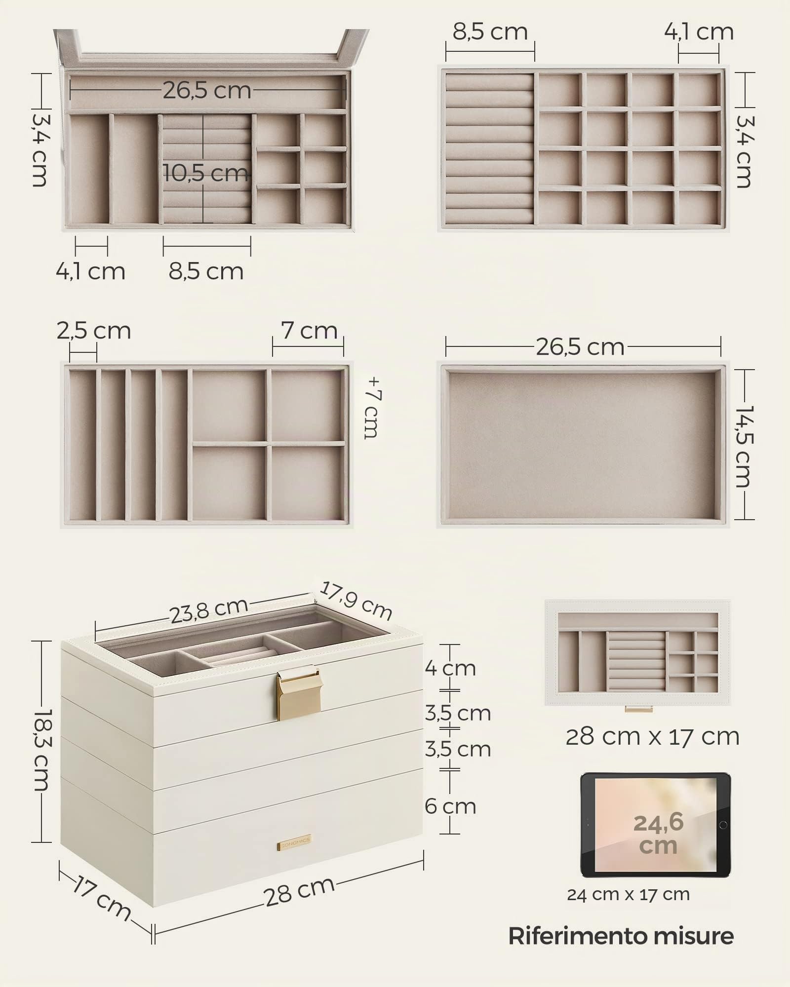 SONGMICS GISELLA Collezione - Scatola Portagioie con 4 Vassoi Impilabili, Porta Gioielli Capiente, Coperchio in Vetro, per Toeletta, Idea Regalo, Bianco Nuvola, 17 x 28 x 18,3 cm JBC164W01
