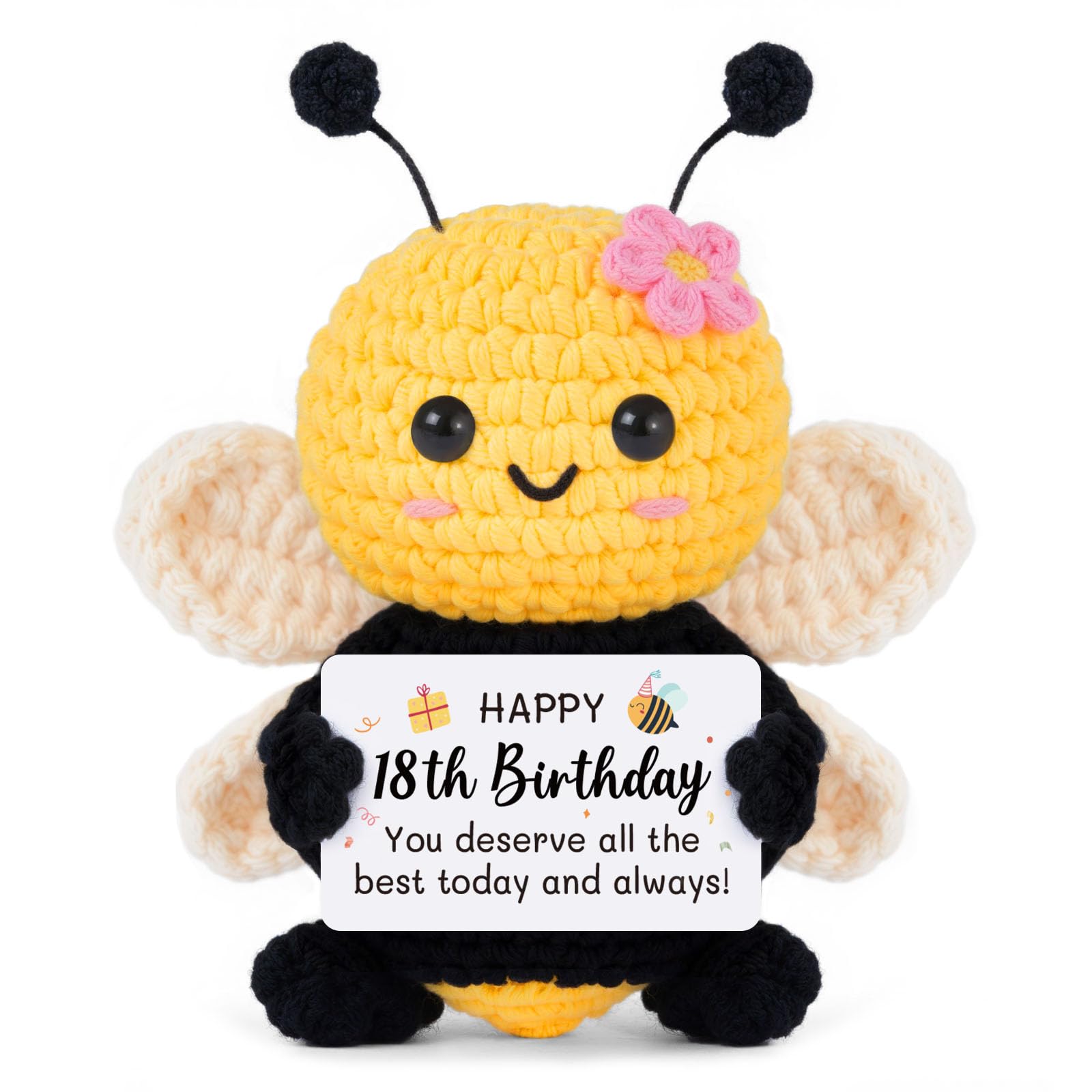 Gleevara 18th Birthday Gifts for Girls, Handmade Emotional Support Crochet Cute Bee with Warm Card, Happy 18th Birthday for Sister, Friends, Daughter