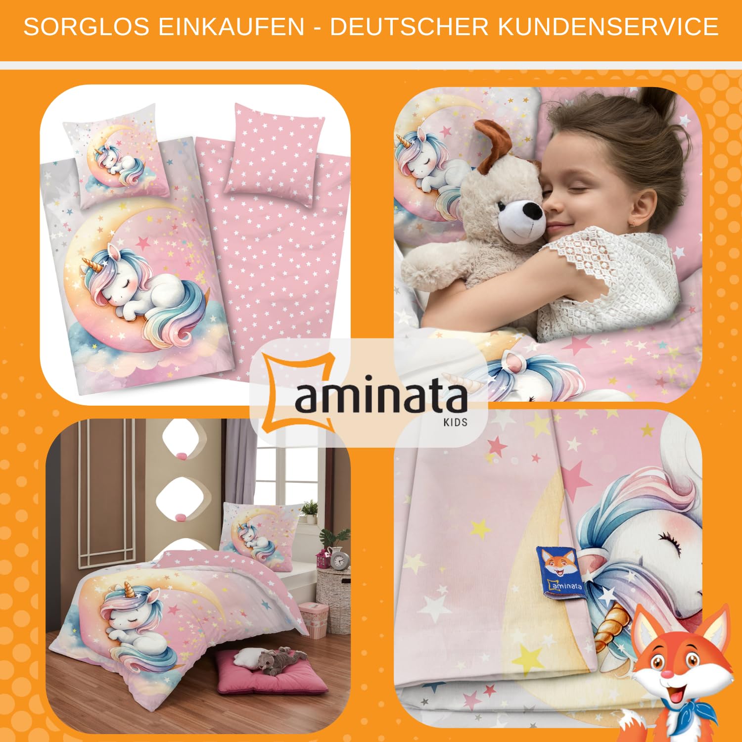 Aminata kids Kinderbettwäsche 135x200 100% Baumwolle Mädchen Einhorn Motiv Kinder-Wende-Bettwäsche-Set rosa Mond & Sterne, Regenbogen