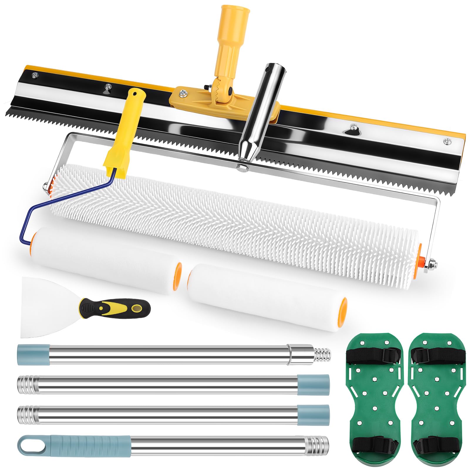 Bodenbeschichtung Entlüftungsroller Set, Stachelwalze Ausgleichsmasse - 56cm Edelstahl Stehrakel, 50cm Entlüftungswalze, Nagelschuhe, Farbroller, Spachtel, Teleskopstiel 42-162cm | Keine Biegearbeiten