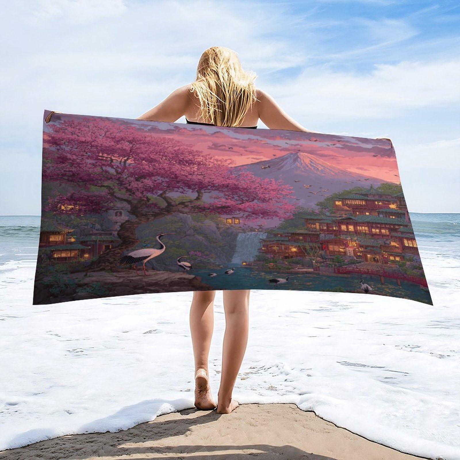 Luyysky Retro Abstract Animal Crane Quick-Drying Beach Towel, Antique Realistic Japanese Mount Fuji Plant Cherry Blossoms Travel Vacation Single Sided Pile Bathroom Towels-80 W Cm X 160" L Cm