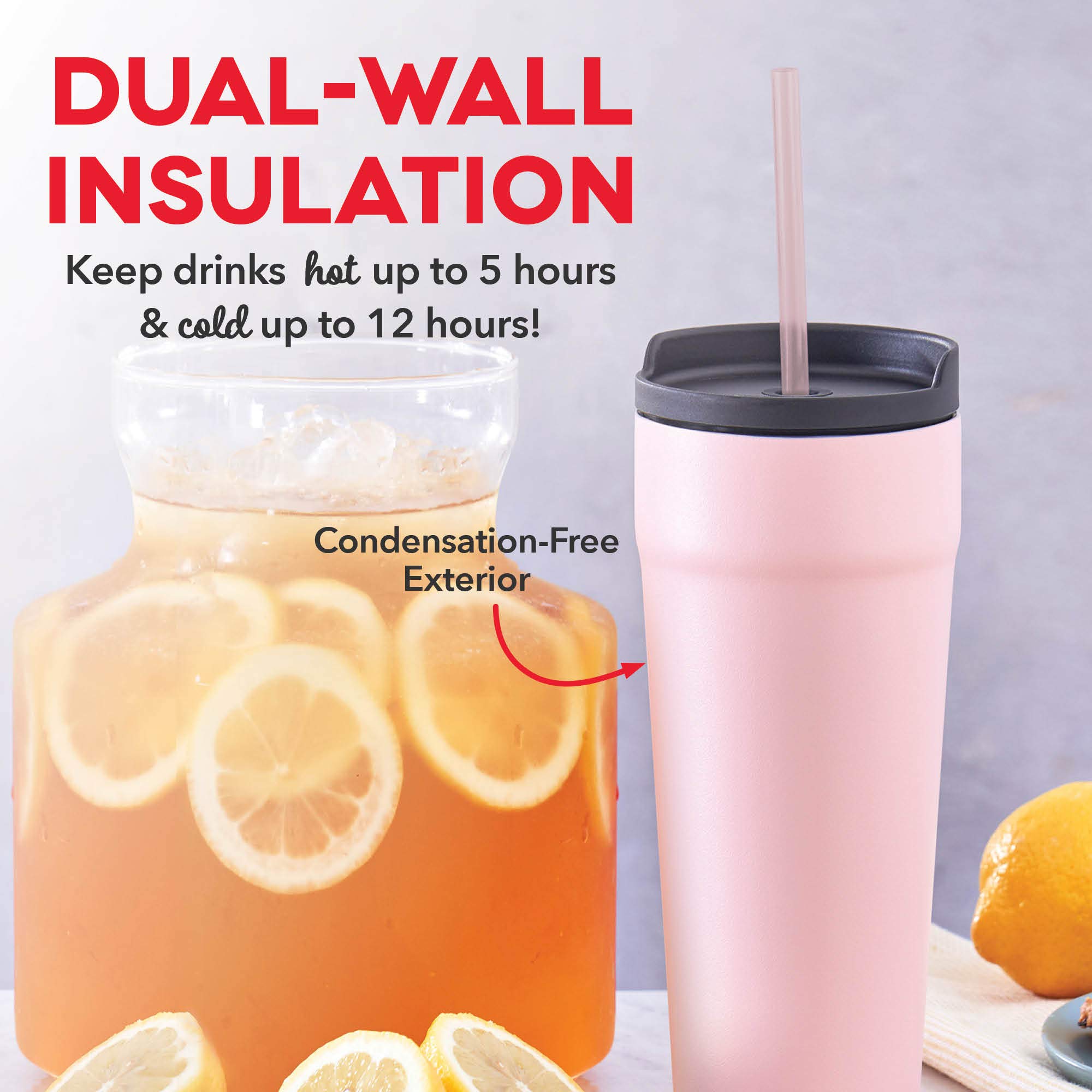 DASH Bicchiere da 590 ml con coperchio a prova di fuoriuscite e cannuccia, tazza da caffè isolata sottovuoto, tazza da viaggio a doppia parete verniciata a polvere, rosa
