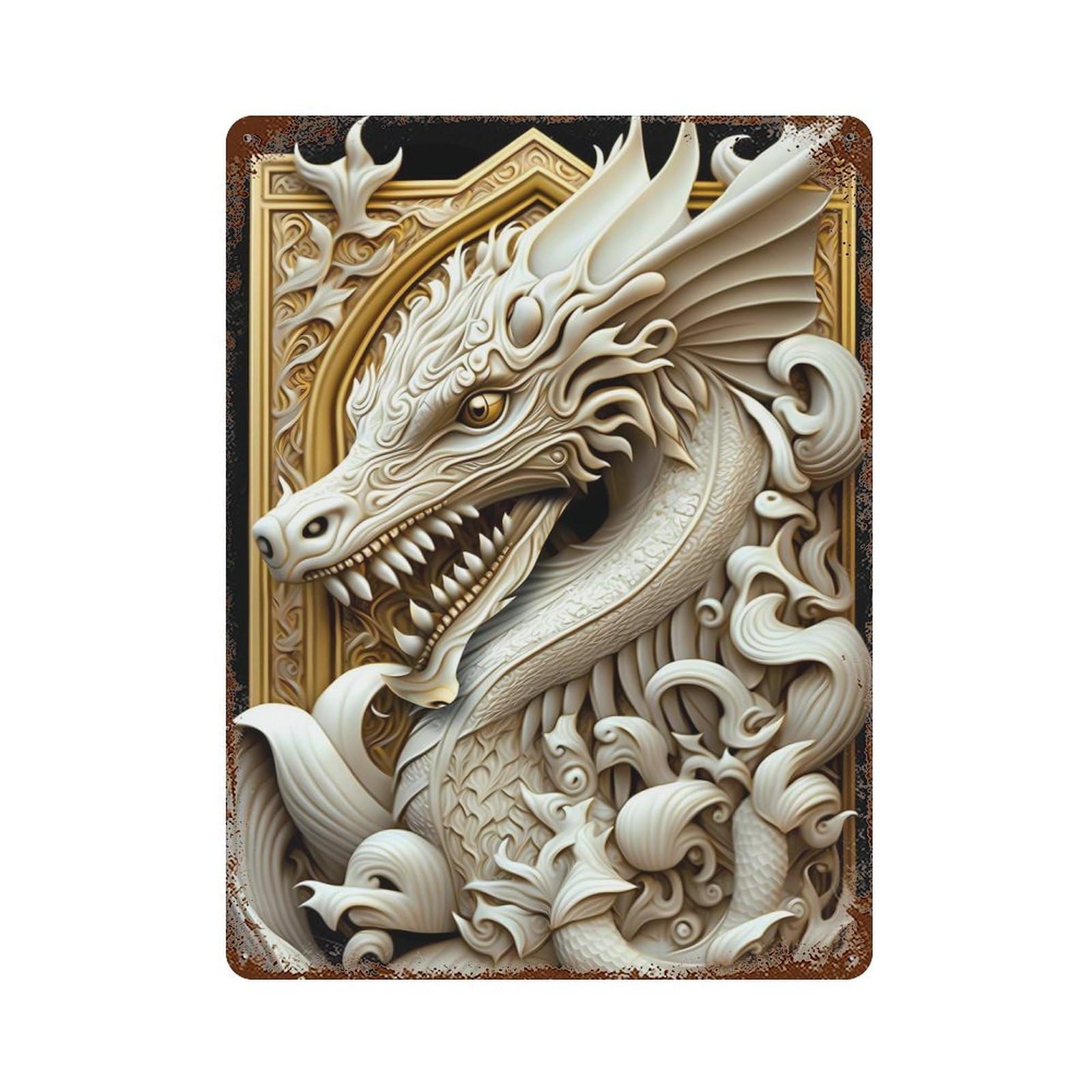 Garage Style White Dragon Art Deco Distressed Metal Wall Sign 15.7"x11.8", Shabby Chic Decor for Bar And Workshop