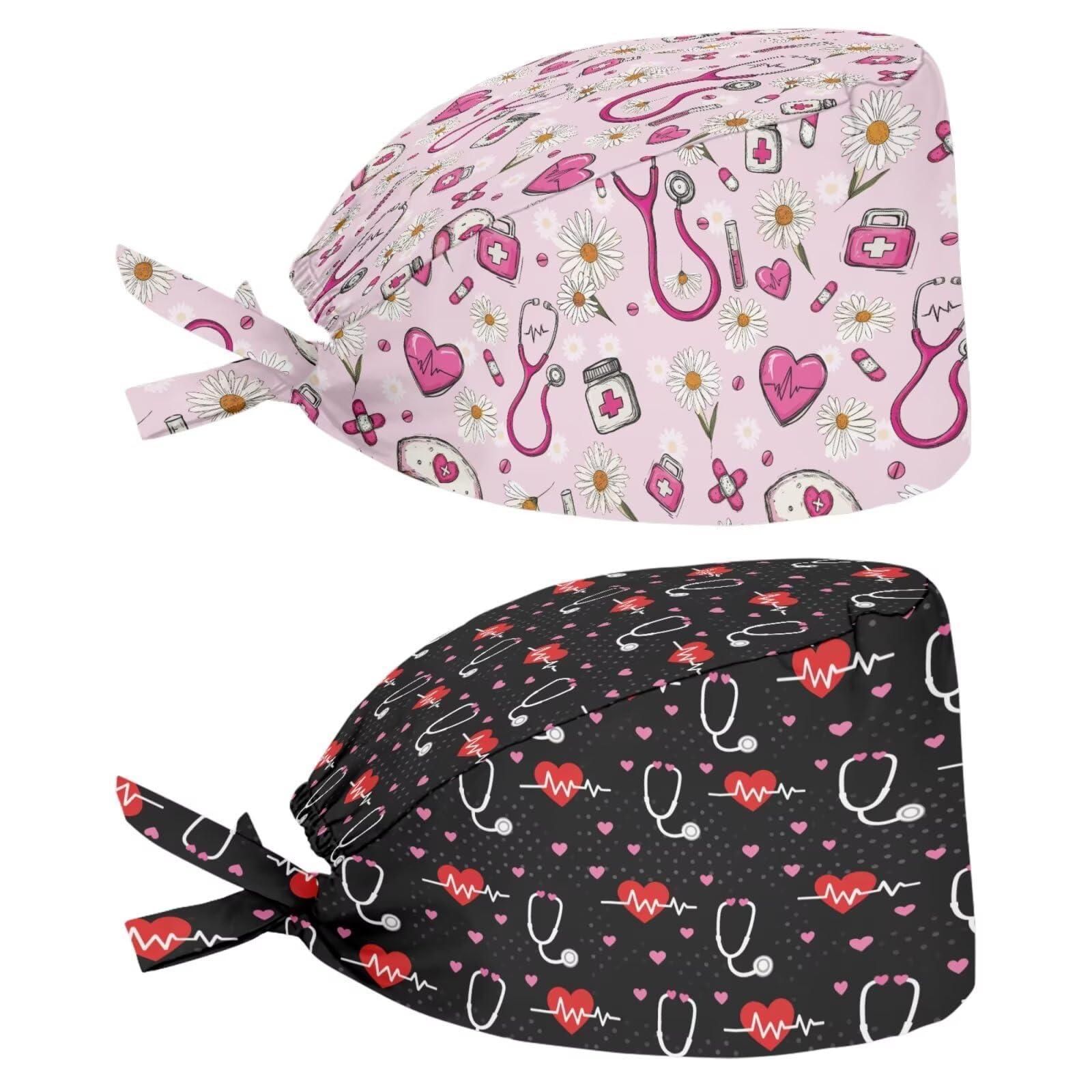2 Pack Scrub Cap with Sweatband Adjustable Tie Back Turban Hat Headgear Beanie for Women Men Working Cap