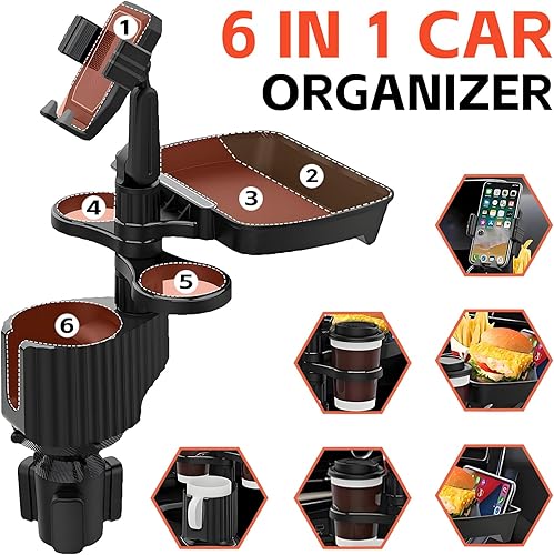 Miniatura 3 de Expansor de portavasos para automóvil, bandeja universal 6 en 1 compatible con 2.3 a 3.6 pulgadas, multitaza con bandeja grande para alimentos,