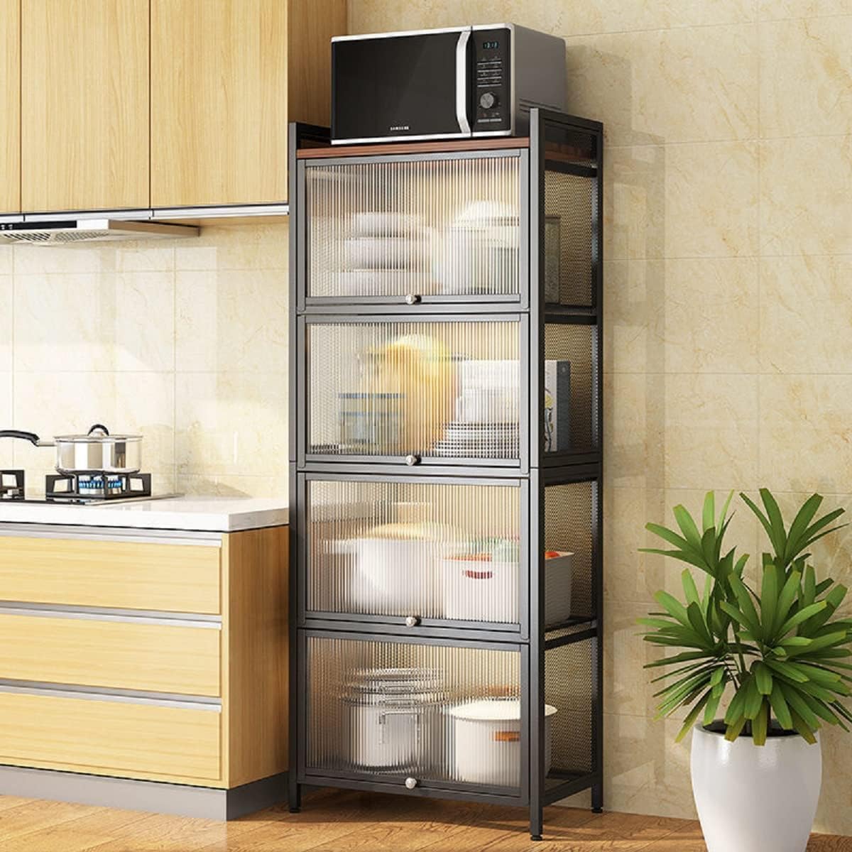 Bakers Rack With Storage, Bakers Racks For Kitchens, 4-Tier Flip-Top Kitchen Storage Shelf, With 4 Hooks, Semi-Transparent Cabinet Door, Adjustable Foot Pads (Black, 4 Tier)