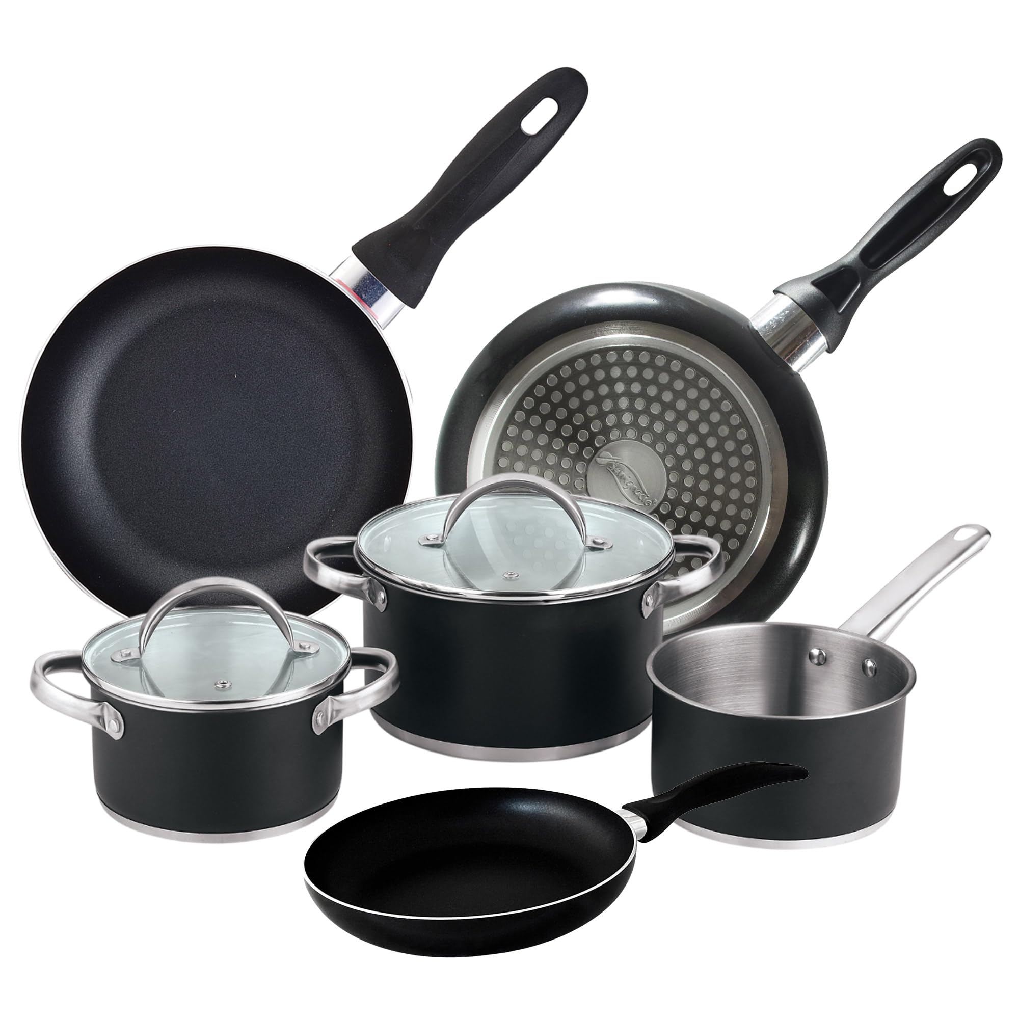 5 Piece Stainless Steel Cookware Set with Lids + Pan Set Ø16 Ø20 Ø24 cm Pressed Aluminium Induction