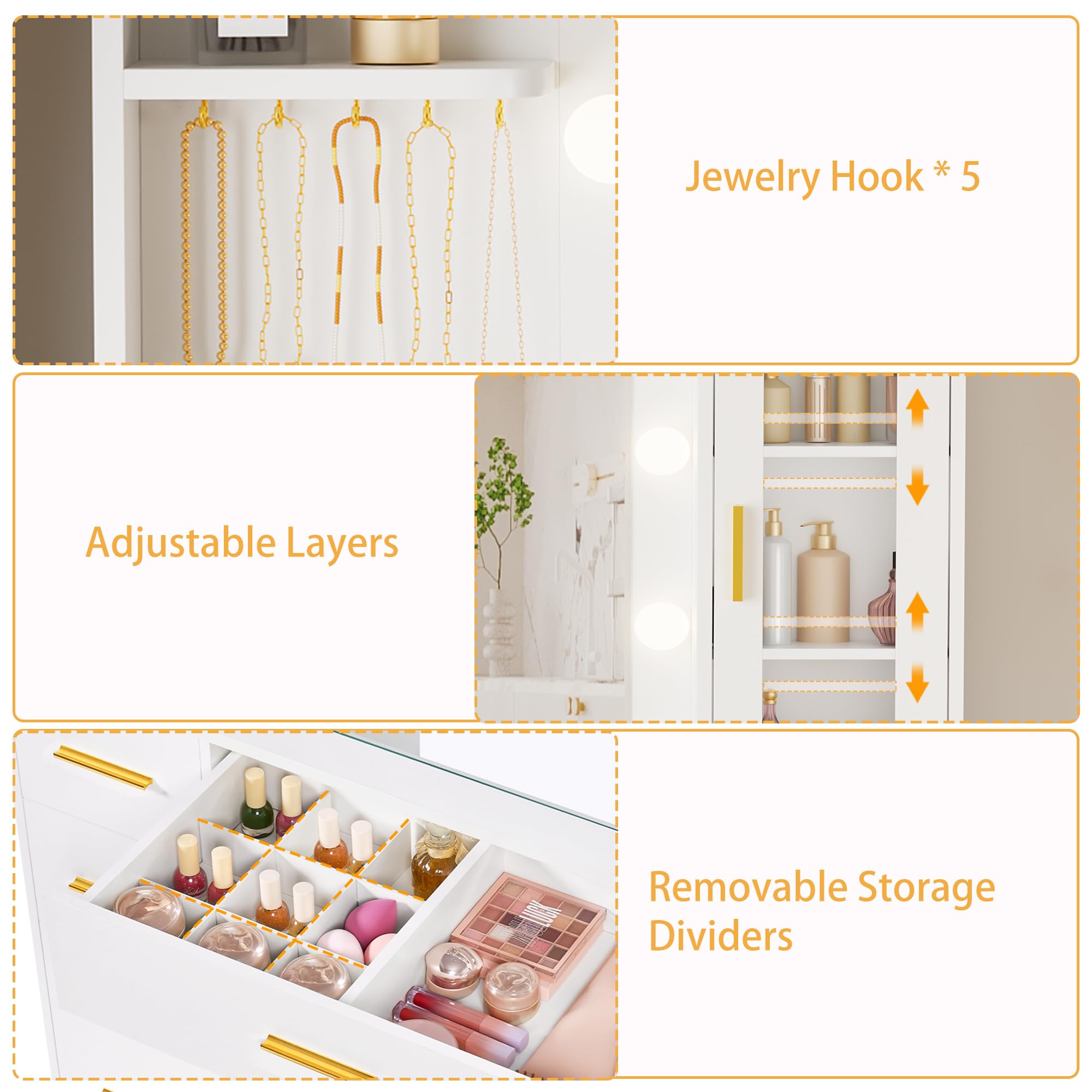 BEWISHOME Grande Toeletta Trucco con Luci e Specchio, Illuminazione a LED Regolabile, Toeletta Trucco con Piano in Vetro, Moderna Trucco con 8 Cassetti, Prese, per la Camera da Letto, Bianco EFST67W