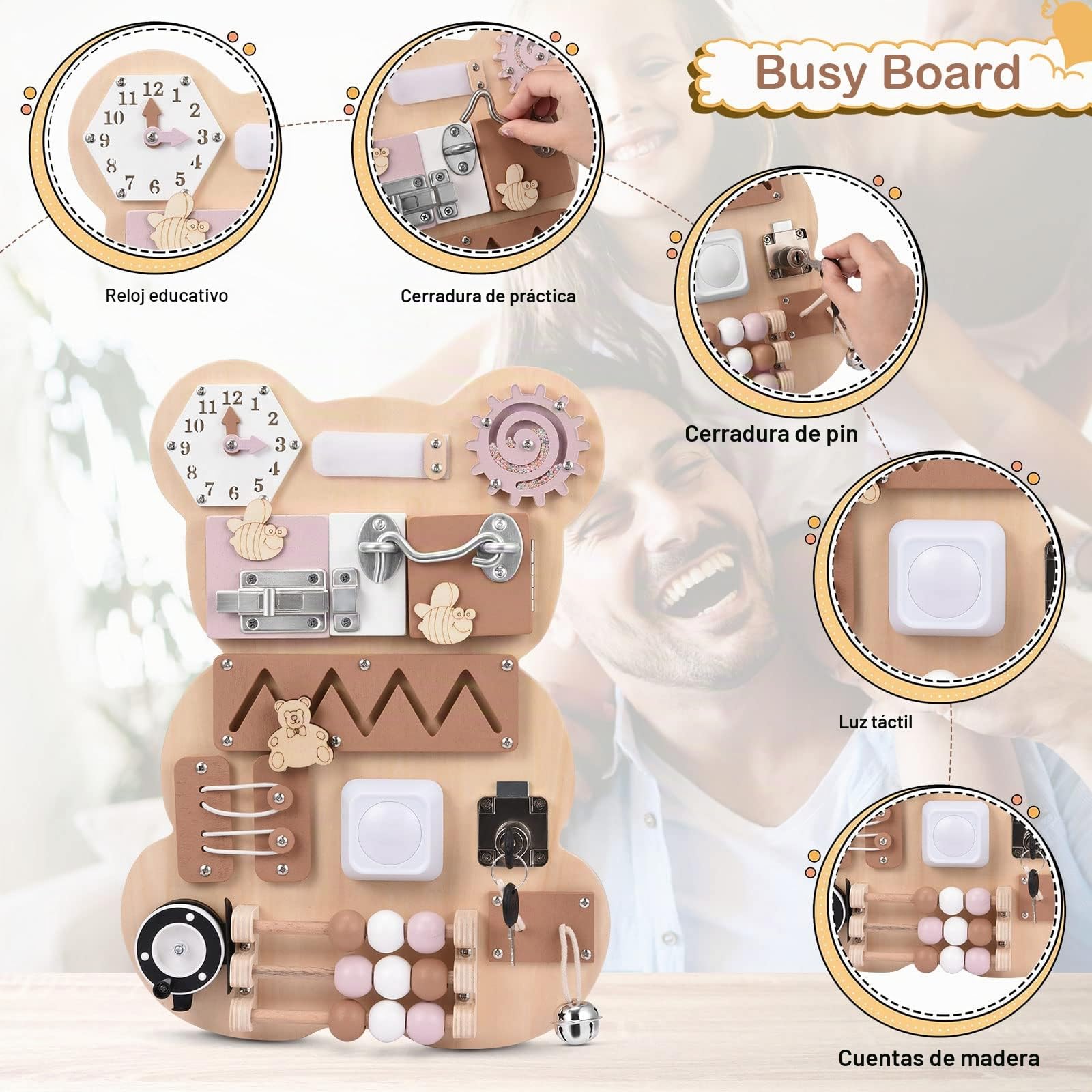 Busy Board Tablero Ocupado Montessori Tablero de Actividades sensoriales Juguetes de Madera para niños pequeños