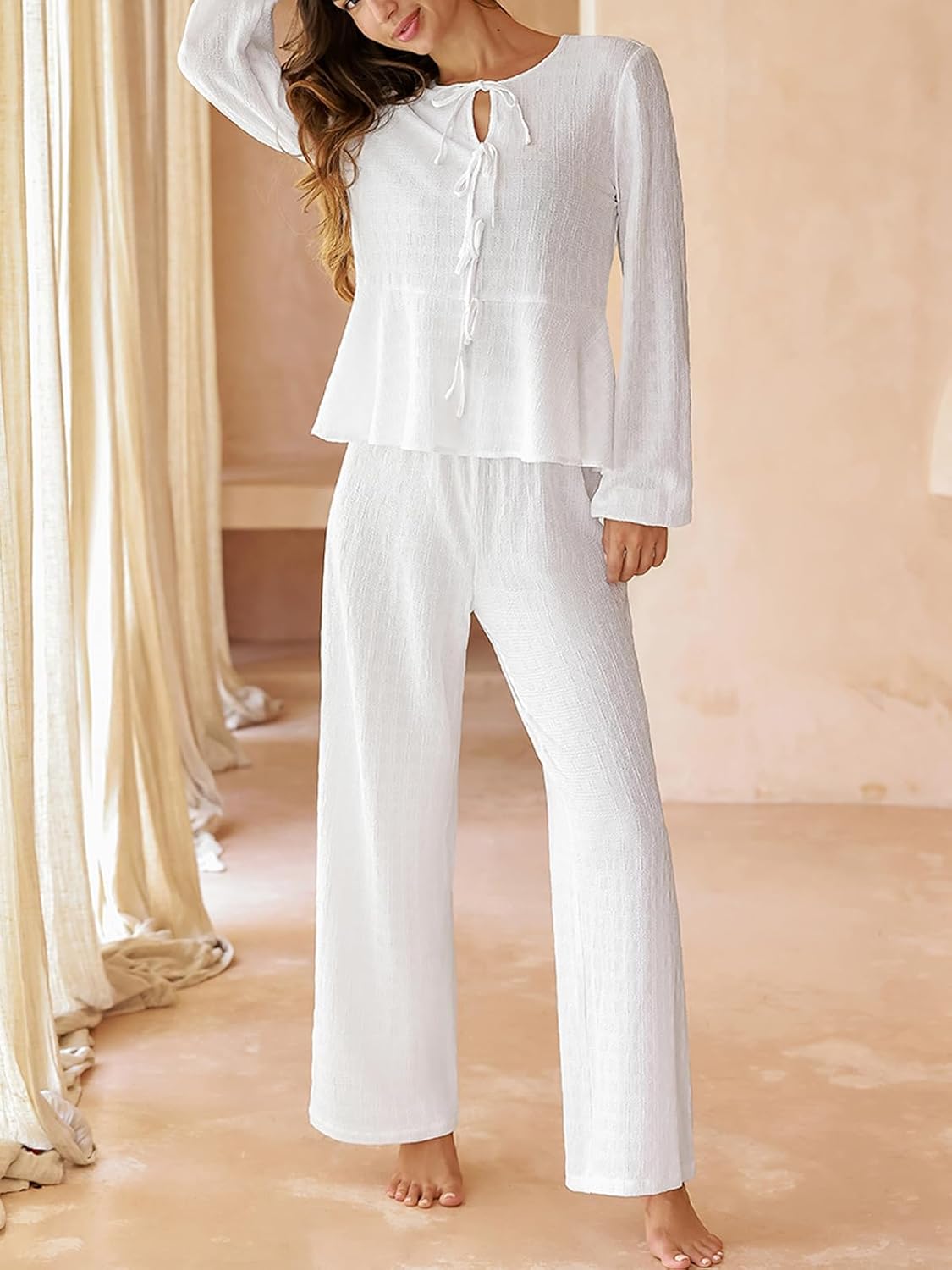 CUPSHE Women's Two Piece Outfits Set Long Sleeve Tie Front Top and Wide Leg Pants Casual Loungewear Pajama Sets - Image 2