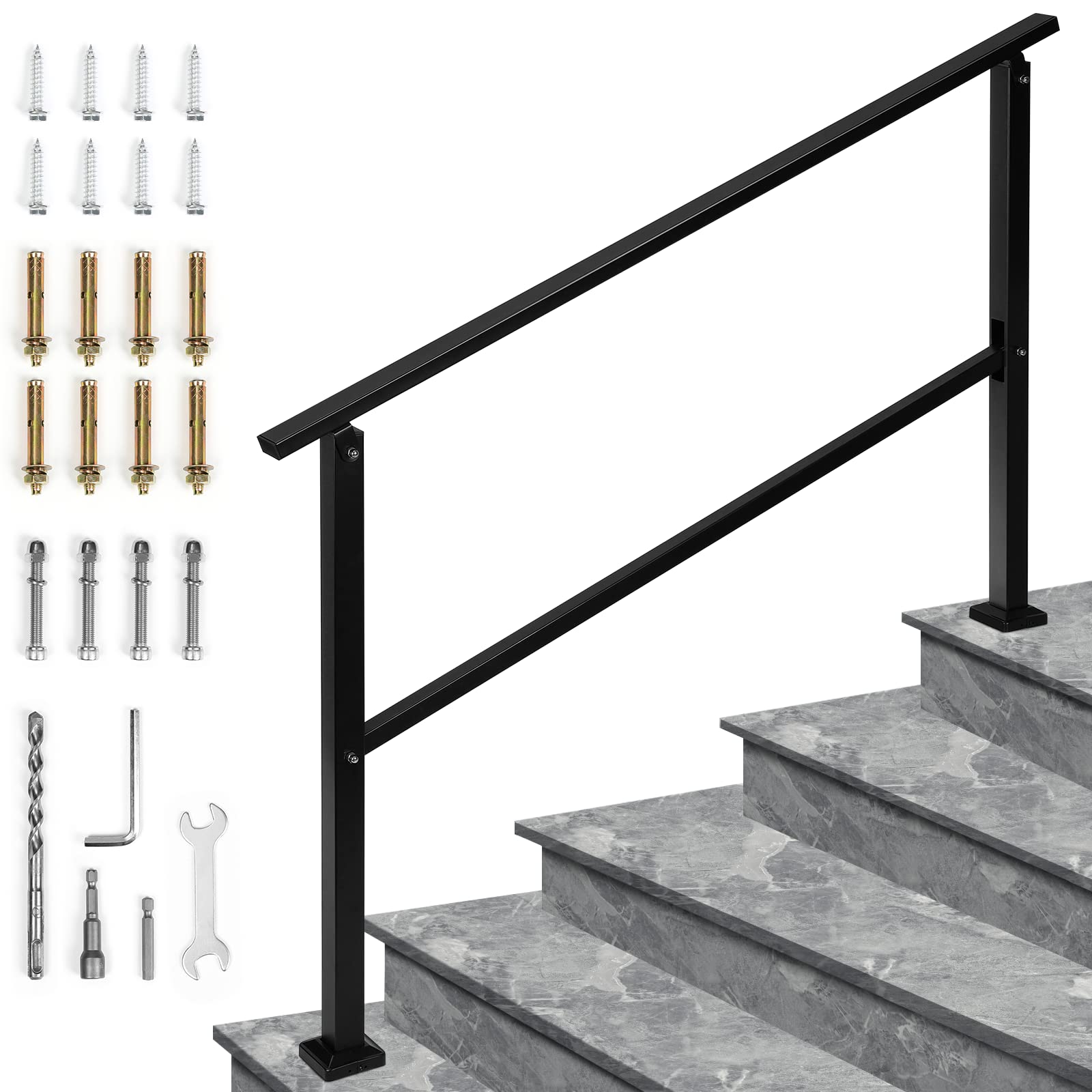 Handrails for Outdoor Steps Fits 1 to 5 Steps Stair Railing for Outdoor, Wrought Iron Handrail with Installation Kit for Concrete Steps, Porch Steps (5 Steps), Matte Black
