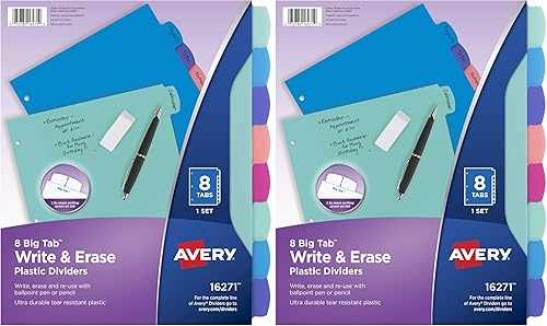 Avery Separadores de plástico duradero con 8 pestañas para escribir y borrar para carpetas de 3 anillas, brillo pastel (16271) (paquete de 2)