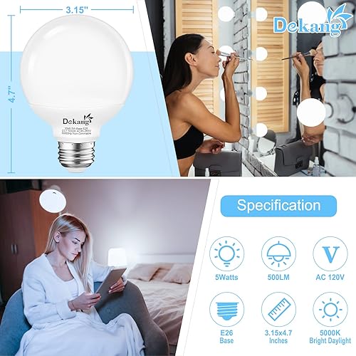 Miniatura 2 de Paquete de 8 bombillas LED G25 para baño, luz diurna de 5000 K, base E26, equivalente a 60 W, bombillas redondas de 5 W, 500 lm, CRI 85+, no