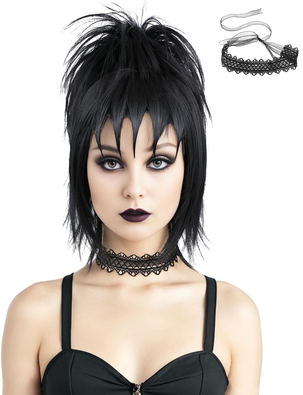 AMZCOS Short Black Cosplay Wig with Curl Buns and Choker Accessories –Heat Resistant Synthetic Hair Straight Wigs with Bangs for Women Adult Gothic
