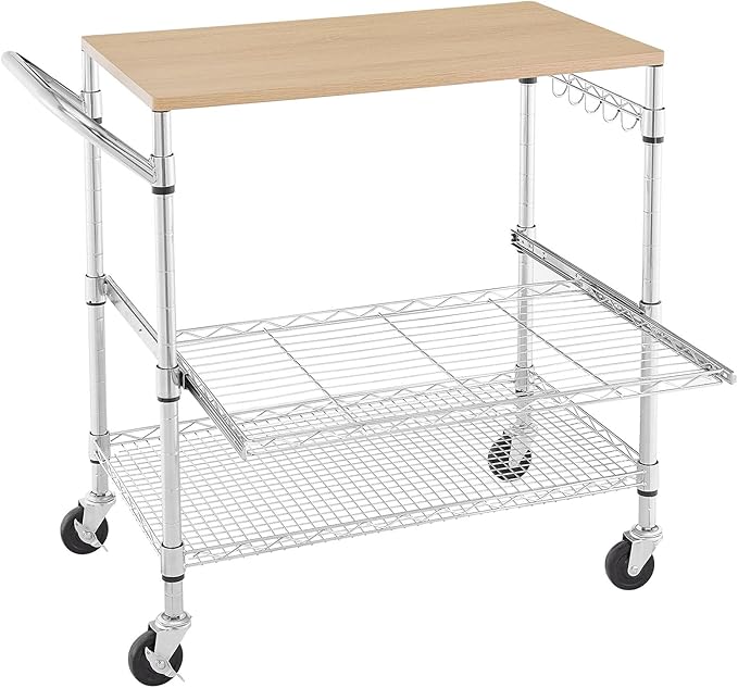 3 Tier Rolling Kitchen Cart with Wood Tabletop, Kitchen