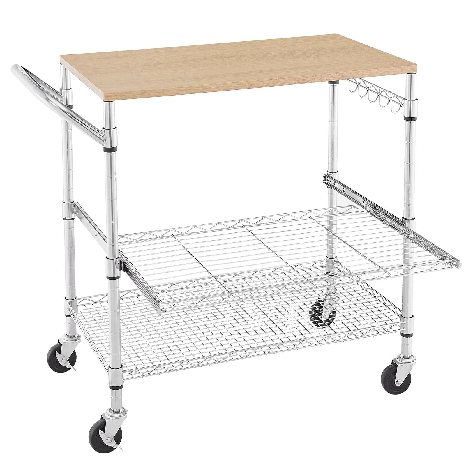 3 Tier Rolling Kitchen Cart with Wood Tabletop, Kitchen Island Carts with Wheels & Slider Shelf, Microwave Cart on Wheels?Coffee Cart & Metal Utility Cart with Hooks, 35.4"L*18.1"W*31.9"H?Wood+Chrome