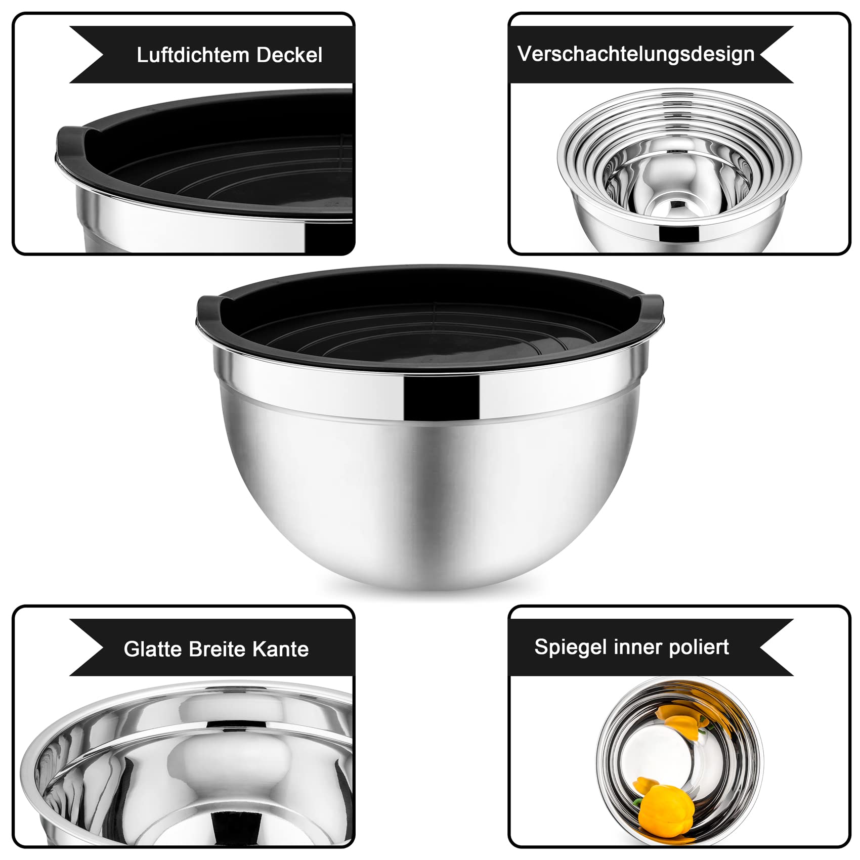 Onader Cuenco para mezclar, 5 piezas, acero inoxidable, juego de ensaladera con tapa hermética, perfecto para hornear/cocinar, apto para lavavajillas, 4,6/2,8/1,6/1,2/0,7L, color negro
