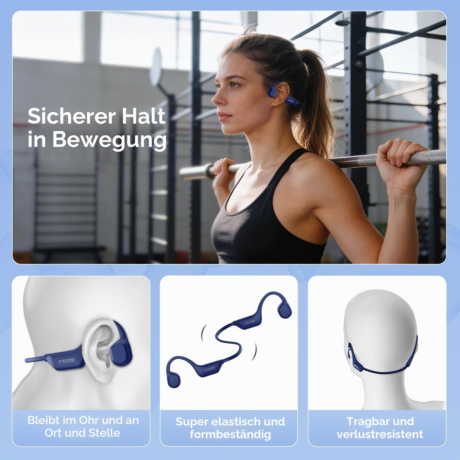 IFECCO Knochenschall Kopfhörer Bluetooth 6.0 - IP67 Wasserdicht Bone Conduction Headphones mit Mikrofon, Lange Akkulaufzeit, Open Ear Kopfhörer Kabellos für Fitness Radfahren Läufer Fahrrad