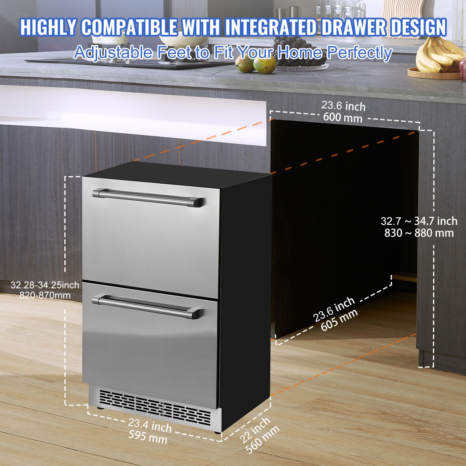 Happybuy 24" Undercounter Refrigerator, 2-Drawer With Adjustable Temperature Zones, 4.87 Cu.Ft Capacity, Waterproof For Indoor/Outdoor Use, Compact Fridge For Home And Commercial Settings on Fridge.com - View 5