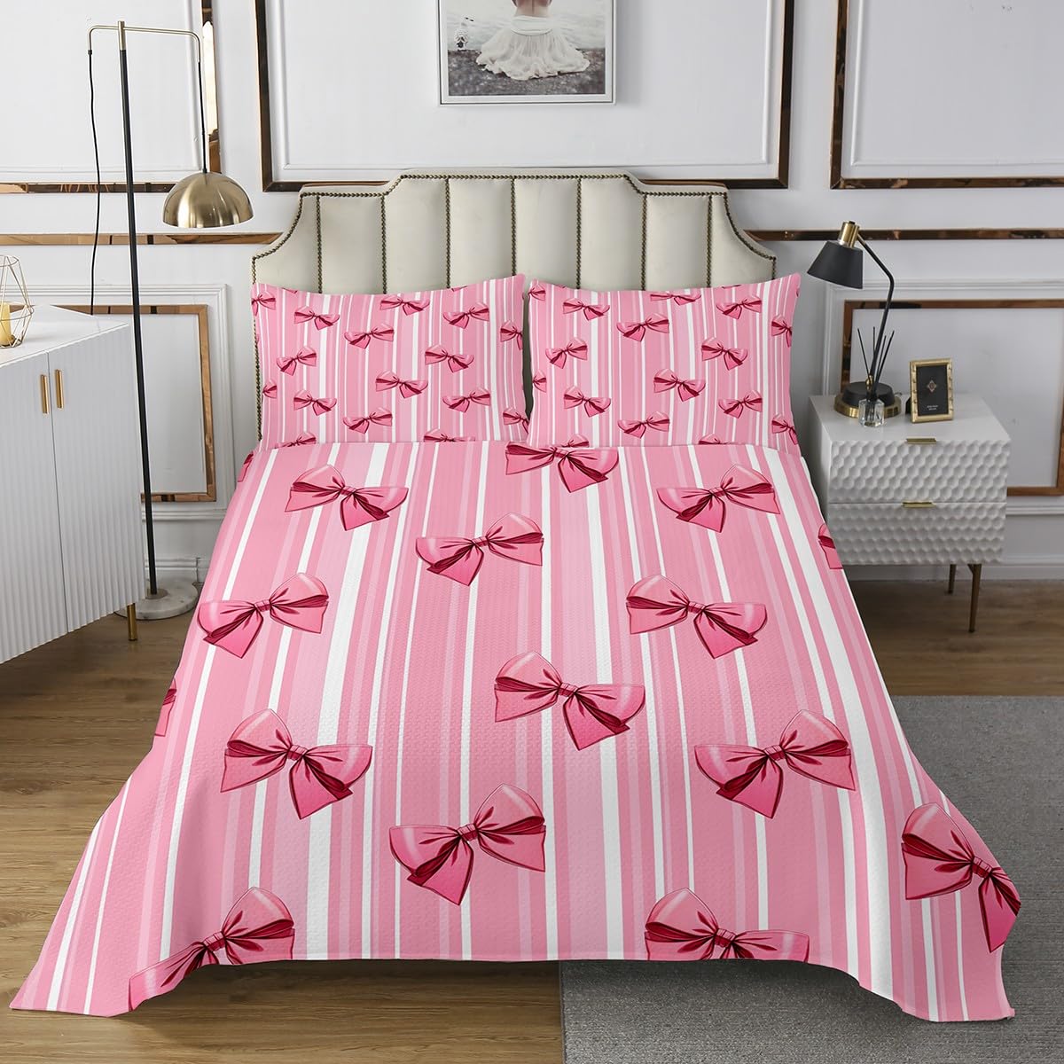 Erosebridal Pink Bowknot Bedspread for Girls Bedroom, Dreamy Princess King Size Quilt Set, Cute Bow Girly Coverlet, Kawaii Geometry Stripes Bedding Set