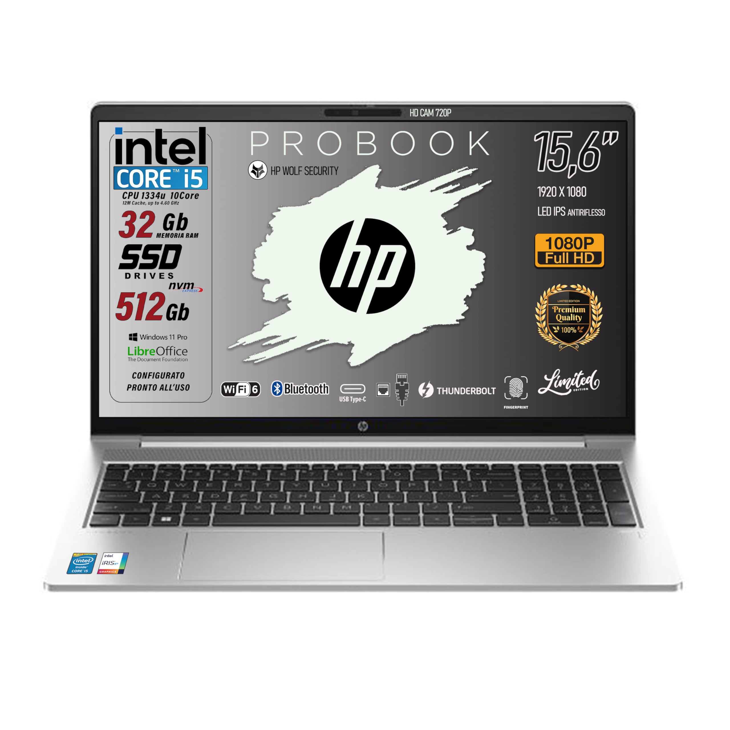 HP ProBook 450 G10 Notebook Portatile, Intel Core i5-1334U, Ram 32Gb, SSD PCI da 512Gb, Display IPS FHD 15.6", Wi-Fi6, 4USB di cui 2 Type-C, Lan, Thunderbolt, Fingerprint, Win 11 Pro, Pronto all'Uso