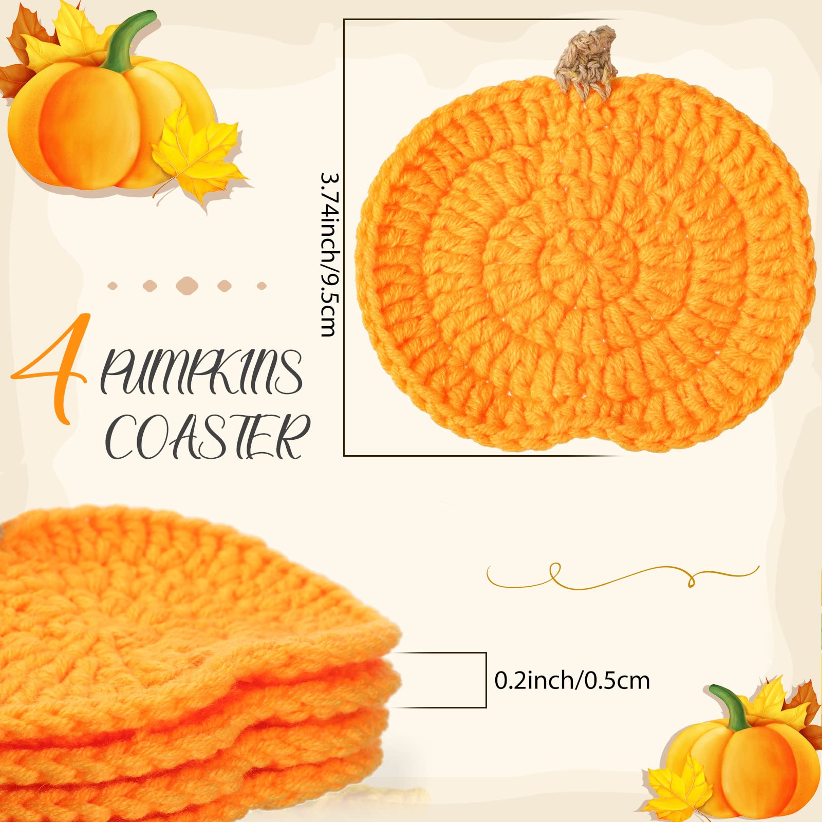 Lot De 6 Sous-verres Crochet Citrouille - Décoration Automne/Halloween - Orange/Vert