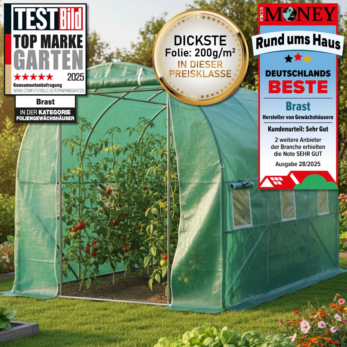 BRAST Gewächshaus Foliengewächshaus mit Stahlfundament | 2x3m - 3x8m | inkl. Erdanker Unkrautvlies & 6 Aufrollbare Fenster mit Moskitonetz | UV-stabilisierte Gitterschutzfolie 200g/m² | 200x300cm