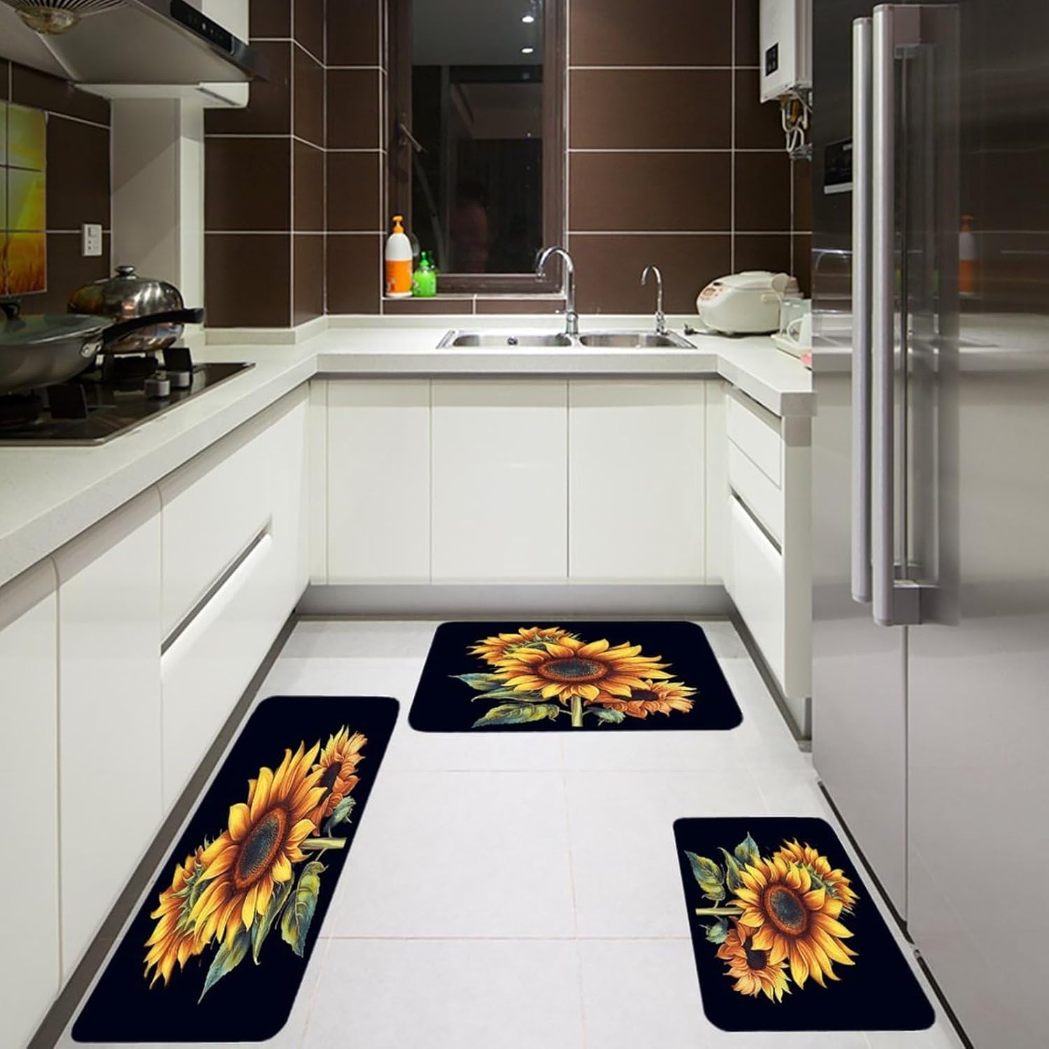 Summer Sunflower Kitchen Mats Soft Absorbent Rugs for Floor Non Slip Washable Kitchen Mats Fashion Rectangular Rugs for Three-Piece Set for Laundry Office Home Sink